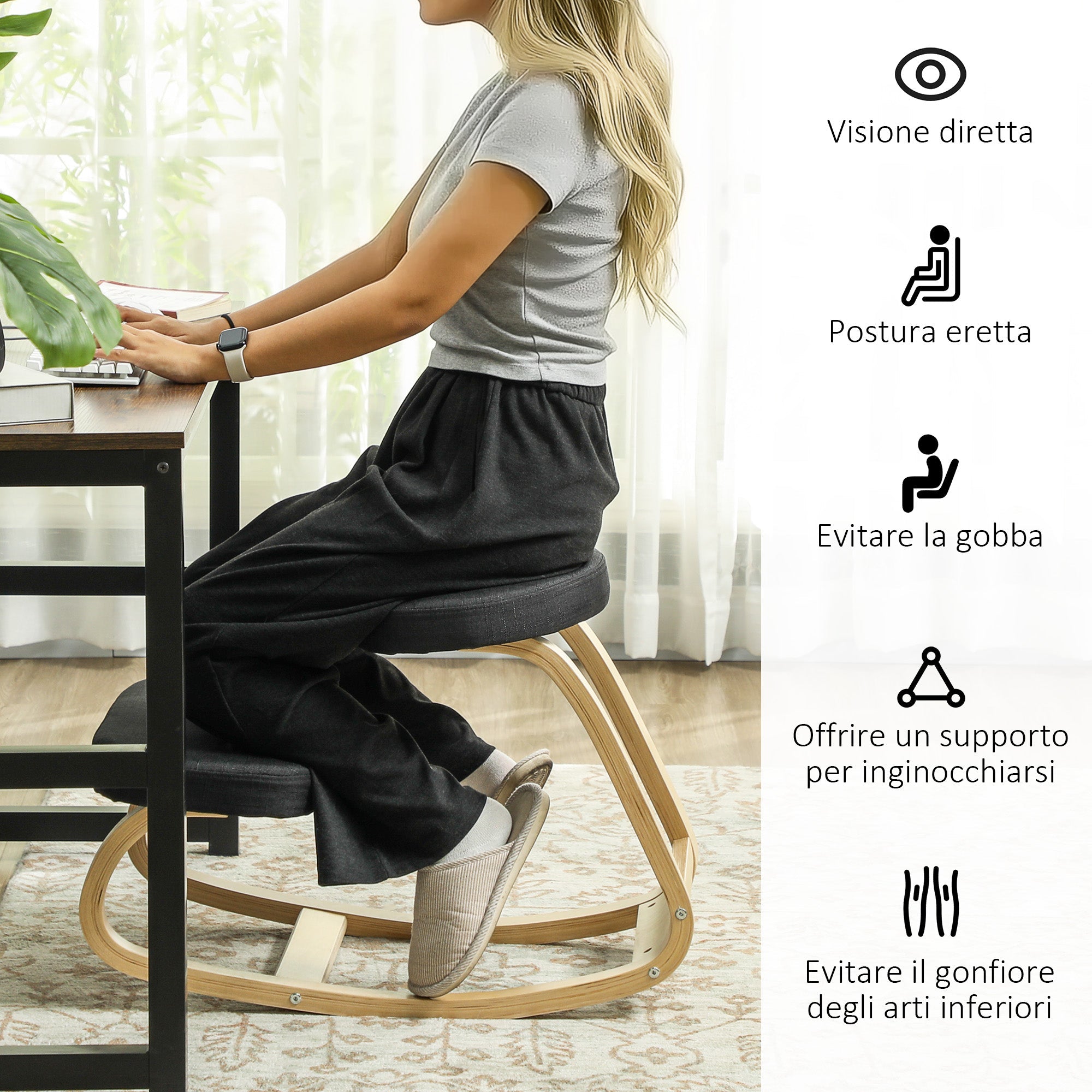 EasyComfort Sedia Inginocchiatoio knielstoel met schommelfunctie, linnenlook, berkenhout, 50x73x55 cm, zwart