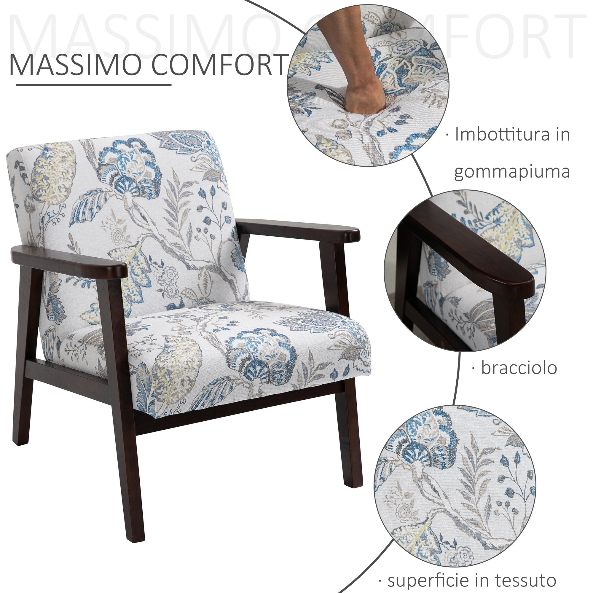 Easycomfort Sedia per Soggiorno Poltroncina Imbottita with Braccioli in Legno e Tessuto Traspirante per Casa e Ufficio, a Fiori, 68.5x78.5x75cm