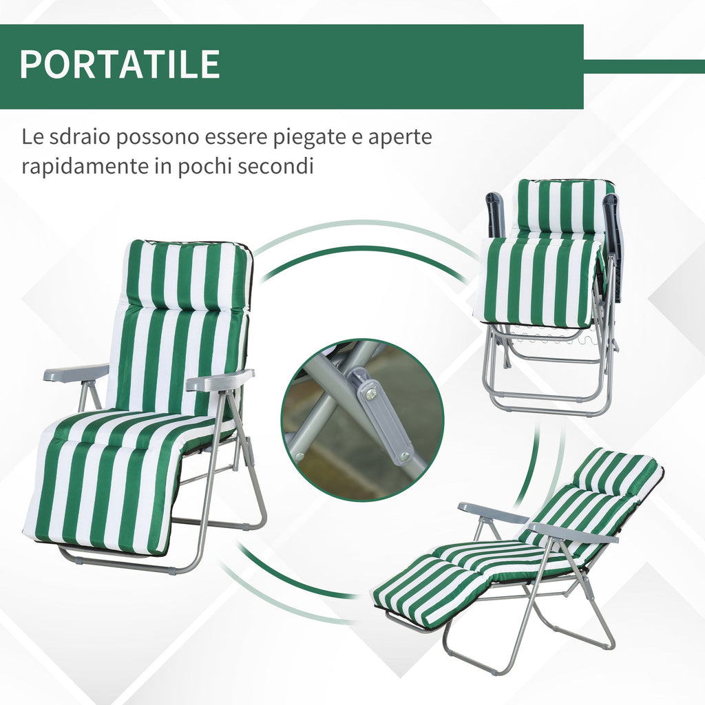EASYCOMFORT 2-Piece Folding and Reclining Beach Deck Chair, Garden Sun Loungers with Padded Cushion, Green and White