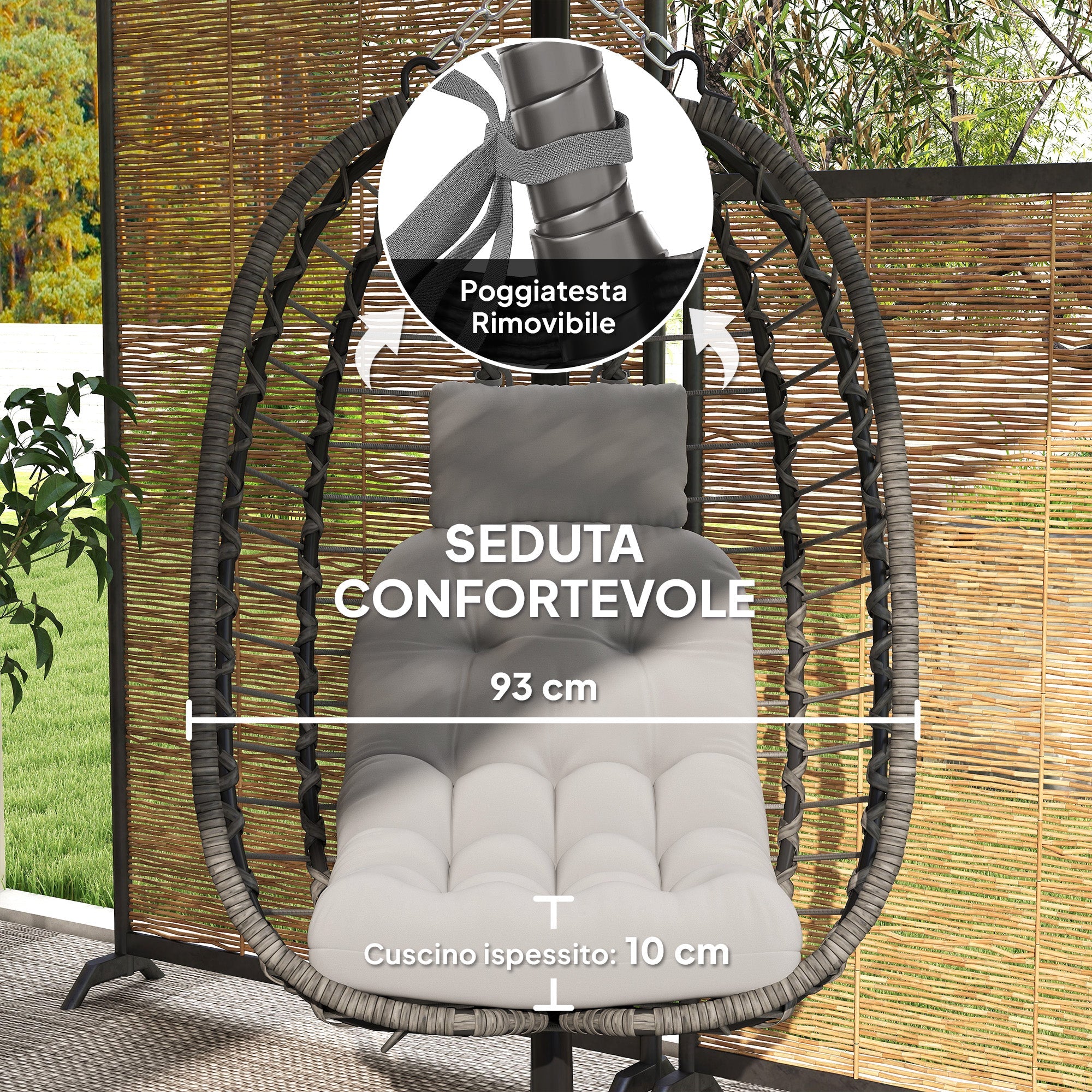 EasyComfort Sedia Sospesa in Rattan a Uovo con Cuscino e Poggiatesta, Altezza Regolabile e Seduta Richiudibile, Grigio