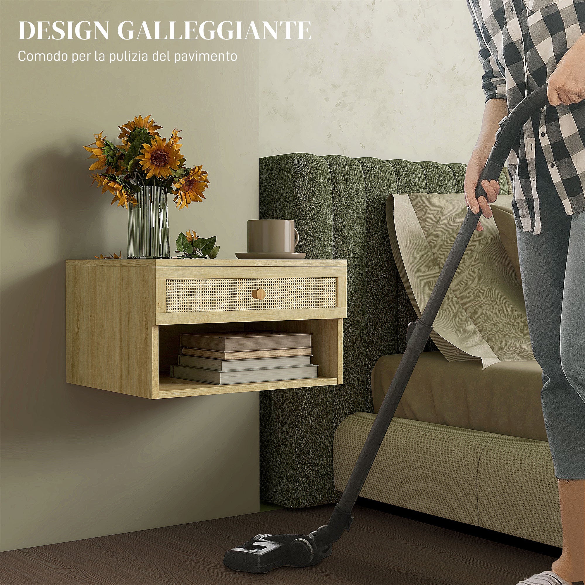 EasyComfort Set 2 nachtkastjes met rattanlade en open plank 40x34x23 cm