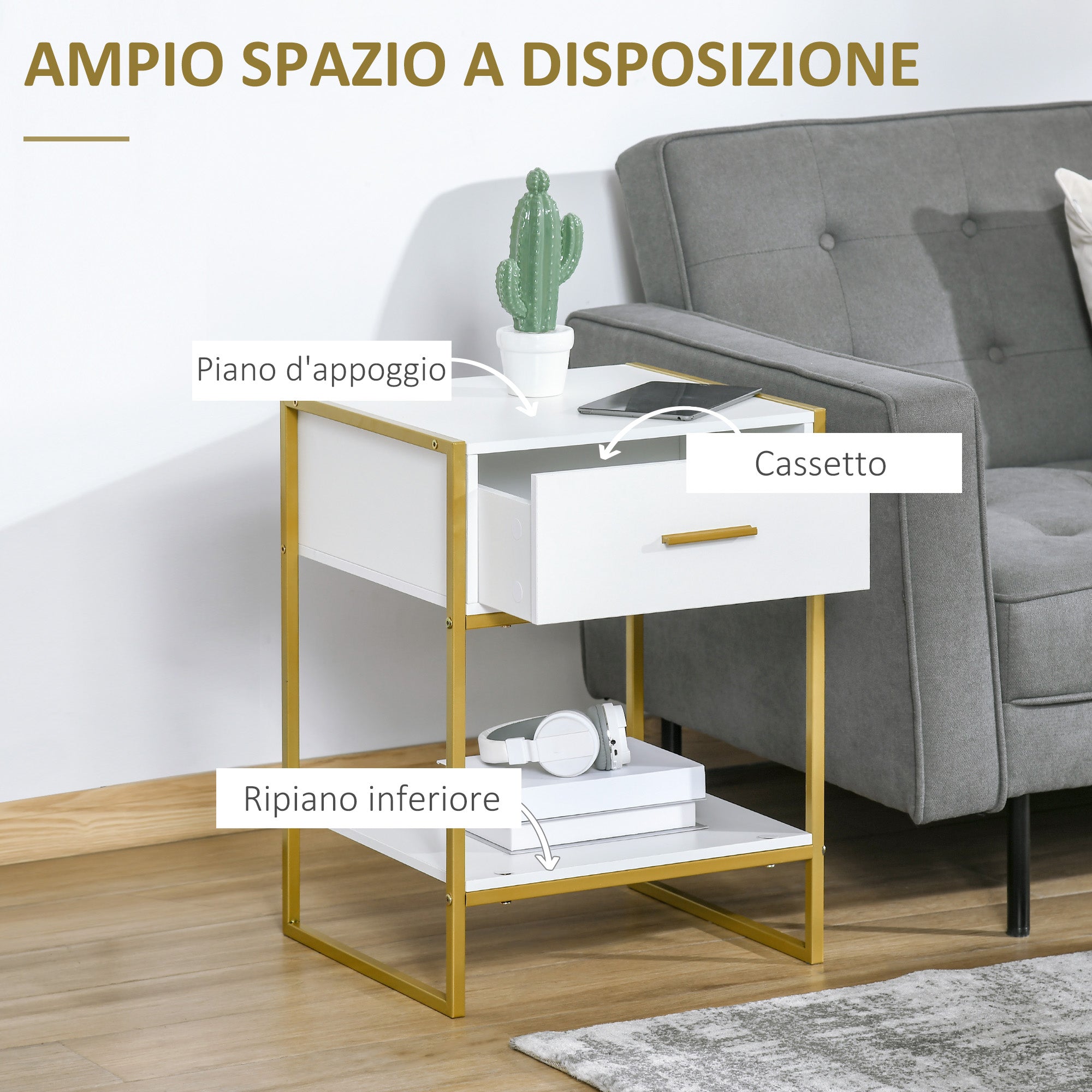 EasyComfort Set van 2 moderne nachtkastjes met lade en open plank, 45x40x60 cm, wit/goud
