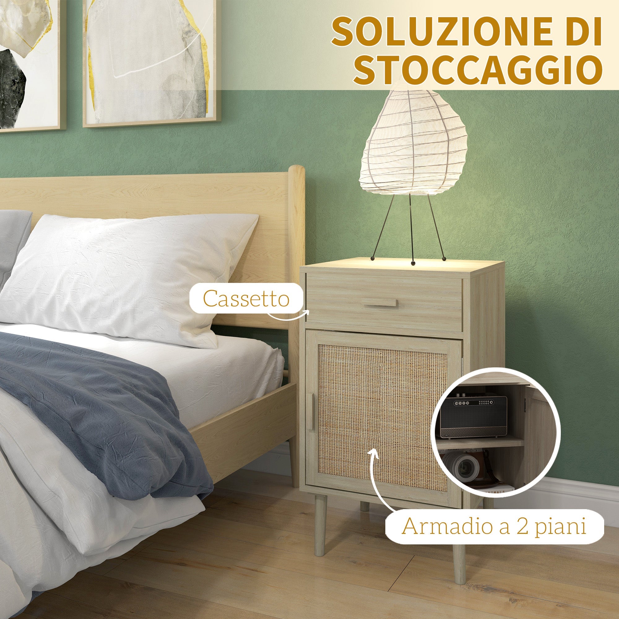 EasyComfort Set van 2 nachtkastjes met lade en rattan, houtkleur