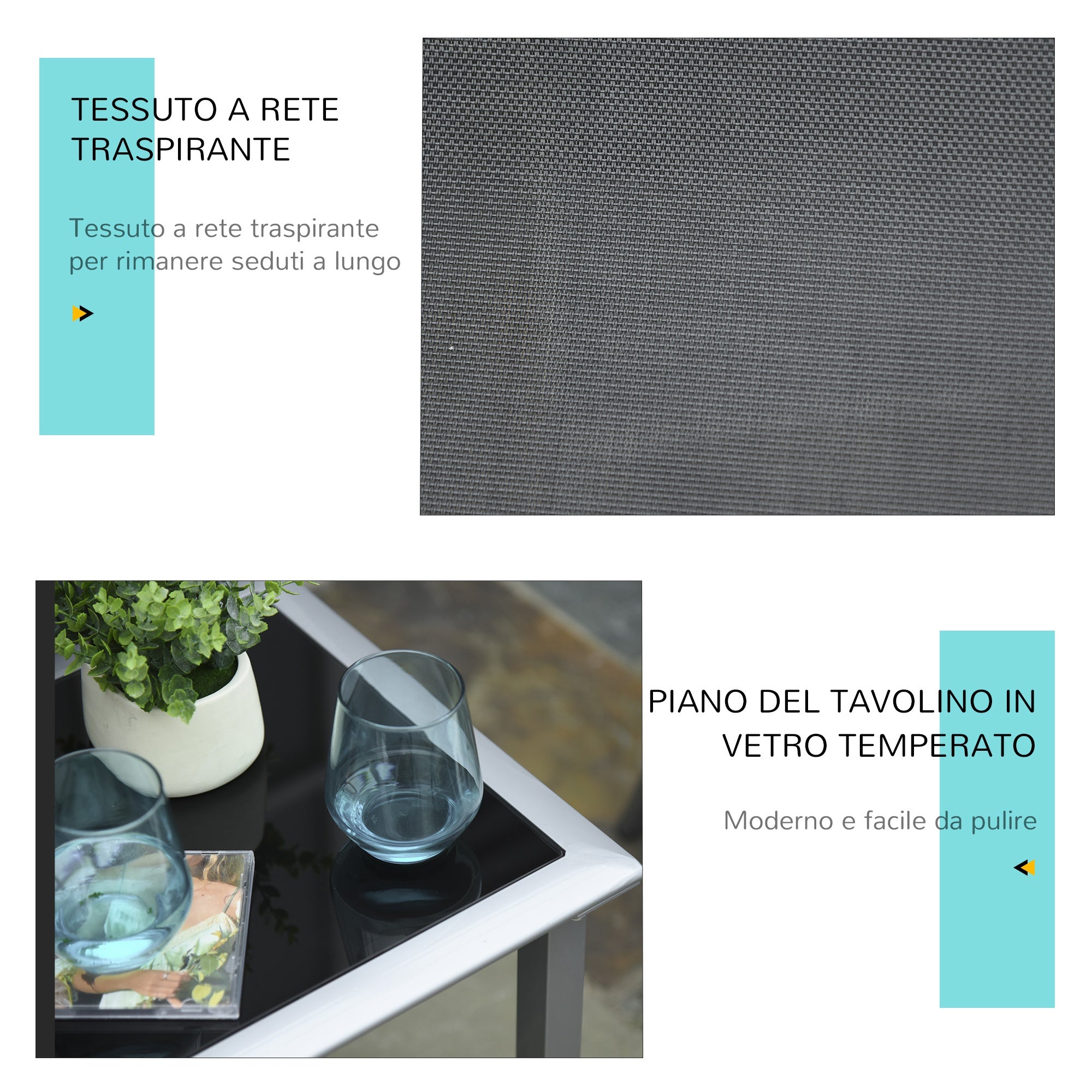 Easycomfort Set 2 Sdraio da Giardino e Tavolino with Vetro, Lettino Prendisole with Tessuto Traspirante 59 x 169 x 66cm, black Grigio