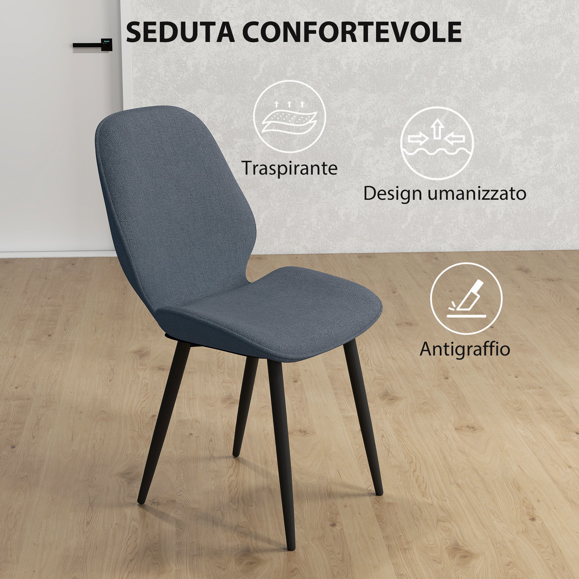 EasyComfort Set 2 Sedie da Pranzo with Schienale Ricurvo, in Tessuto Effetto Lino, Schiuma e Acciaio, 46x56x86 cm, Grigio e black