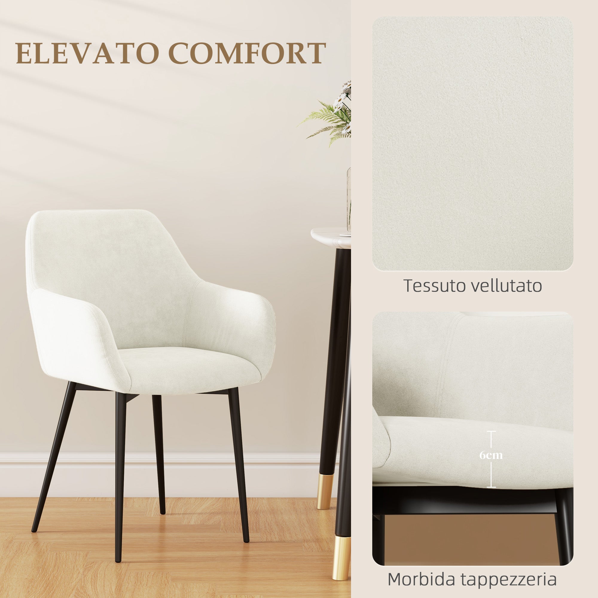 EasyComfort Set 2 Sedie Moderne Nordiche Imbottite with Braccioli Ricurvi in Tessuto Effetto Velluto, per Soggiorno, Sala da Pranzo, Crema