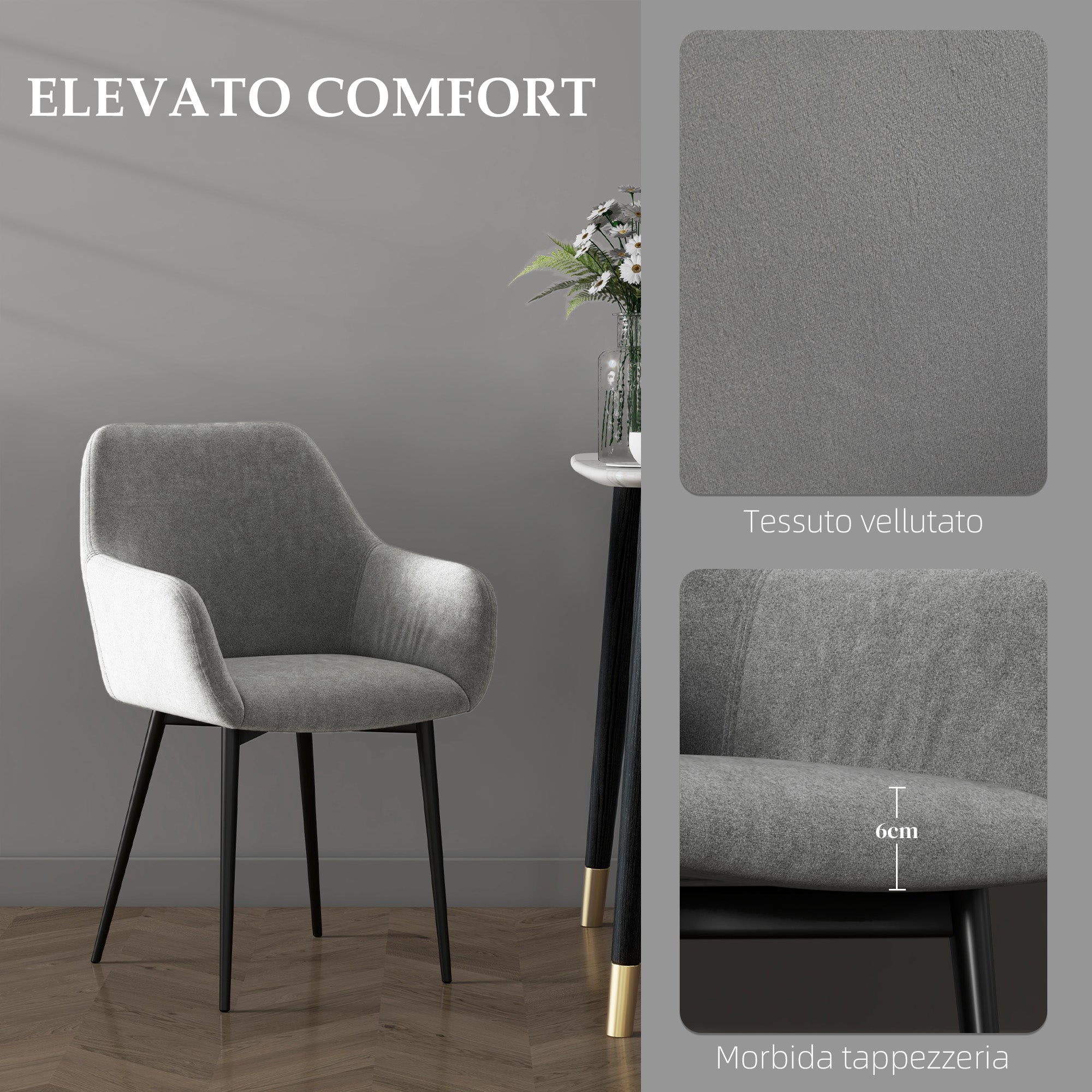 EasyComfort Set van 2 Eetkamerstoelen fluweellook, 54x57x80 cm, donkergrijs
