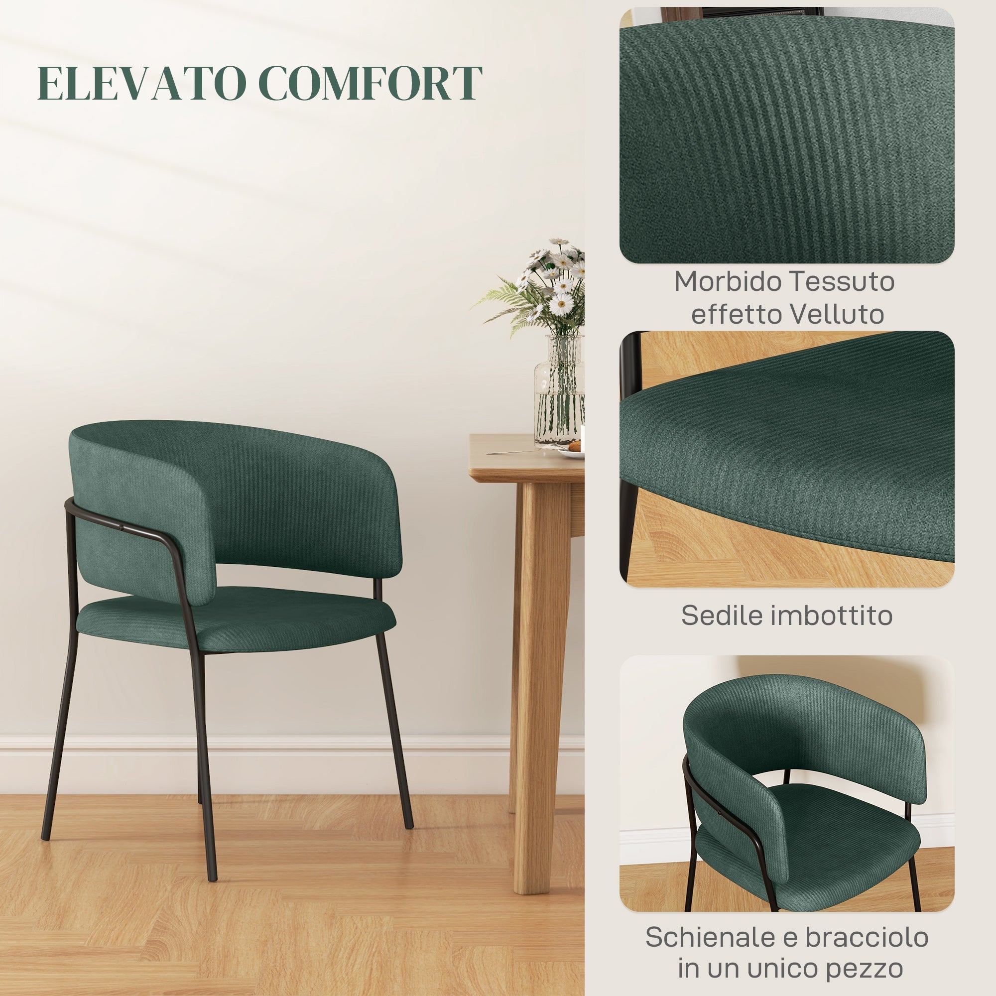 EasyComfort Set 2 Sedie per Cucina Imbottite, in Tessuto Effetto Velluto e Acciaio, 57x53x73 cm, Verde