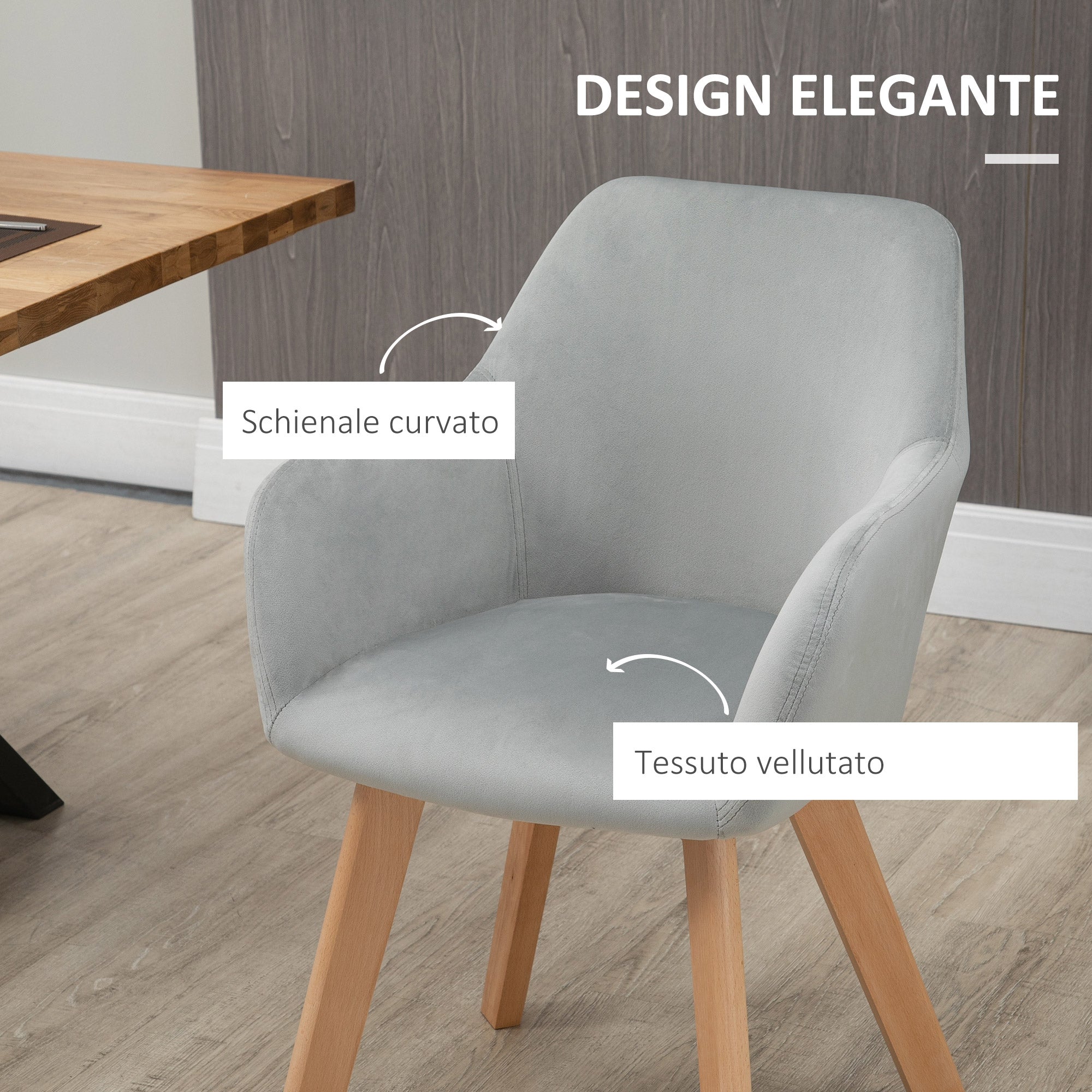 EasyComfort Set van 2 fluwelen eetkamerstoelen met armleuningen, grijs