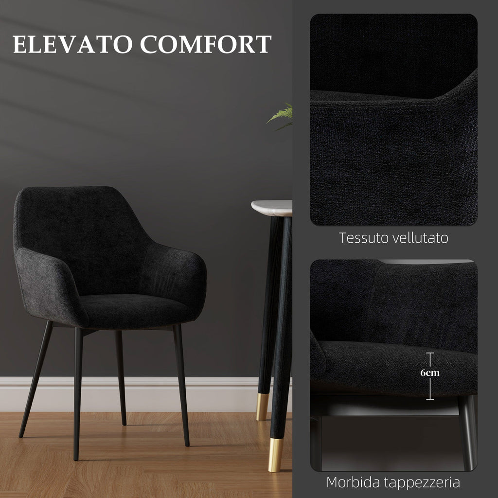EasyComfort Set 2 Sedie per Sala da Pranzo Moderne with Braccioli, Seduta Imbottita e Gambe in Acciaio, 54x57x80cm, black
