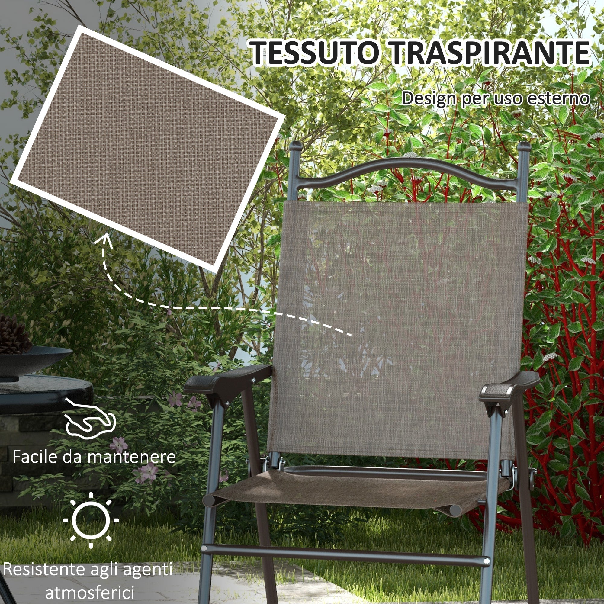 EasyComfort Set 2 Sedie Pieghevoli da Giardino with Braccioli e Seduta in Tessuto Traspirante, Marrone