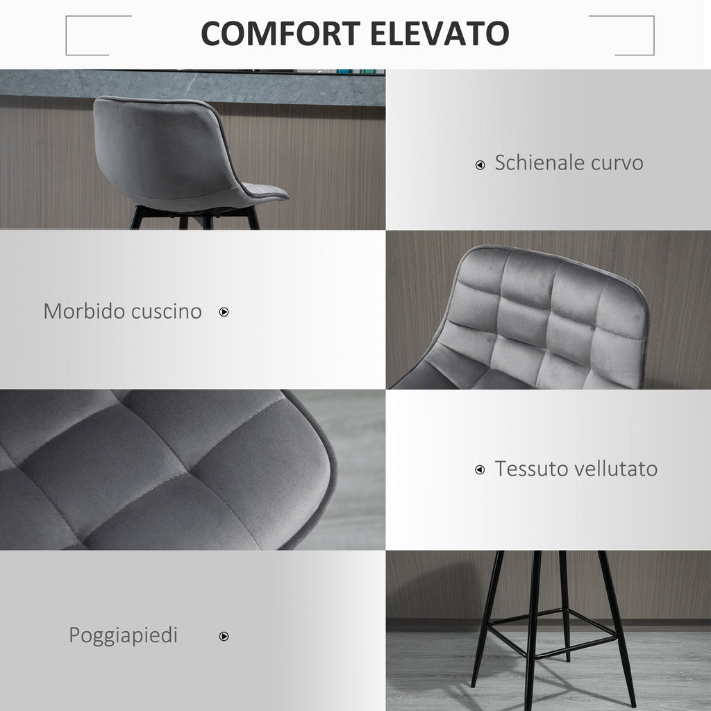 EasyComfort Set 2 Sgabelli Alti da Bar with Sedie Imbottite e Poggiapiedi Stile Nordico, with schienale in Velluto, 45x47x88cm, Grigio