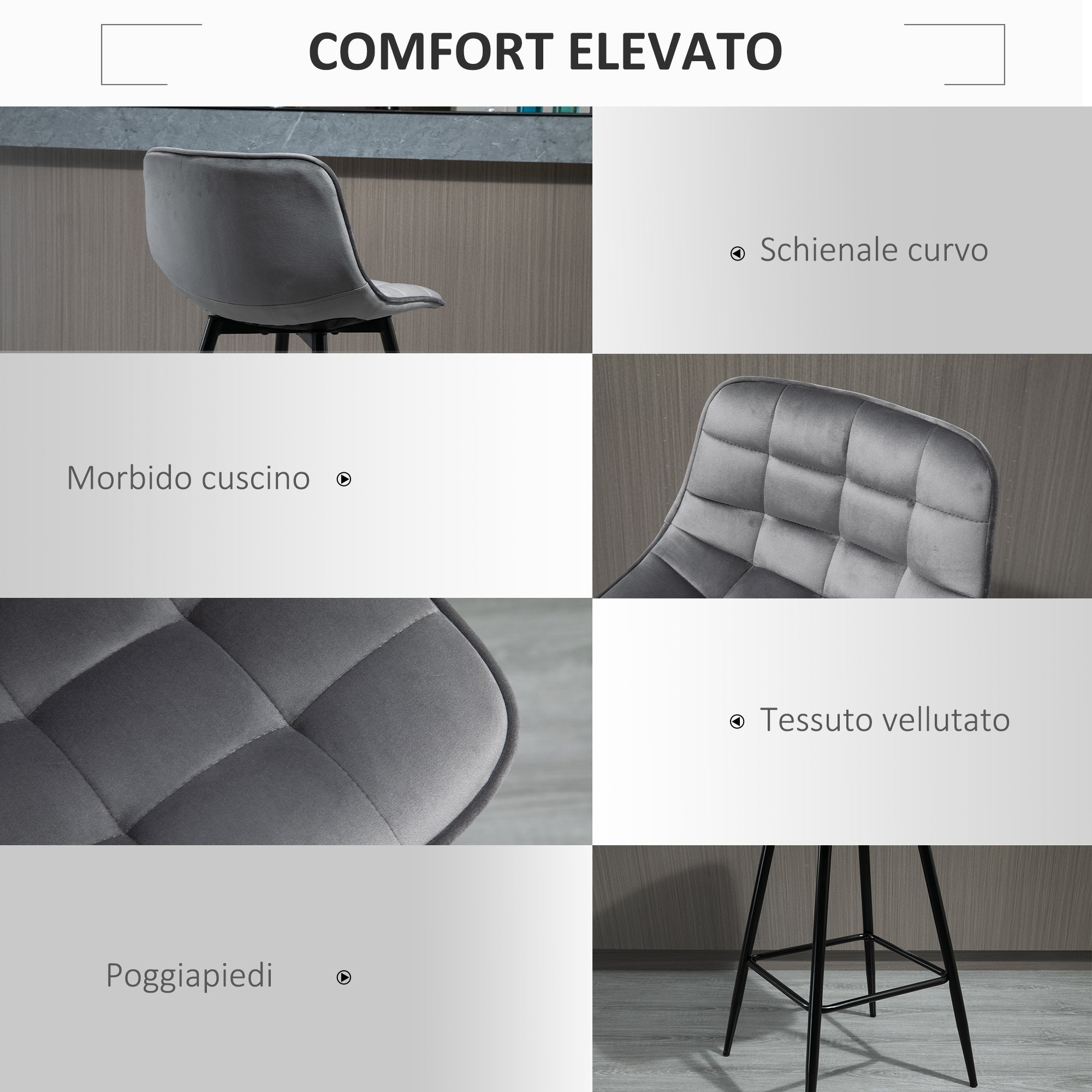EasyComfort Set 2 Sgabelli Alti da Bar with Sedie Imbottite e Poggiapiedi Stile Nordico, with schienale in Velluto, 45x47x88cm, Grigio