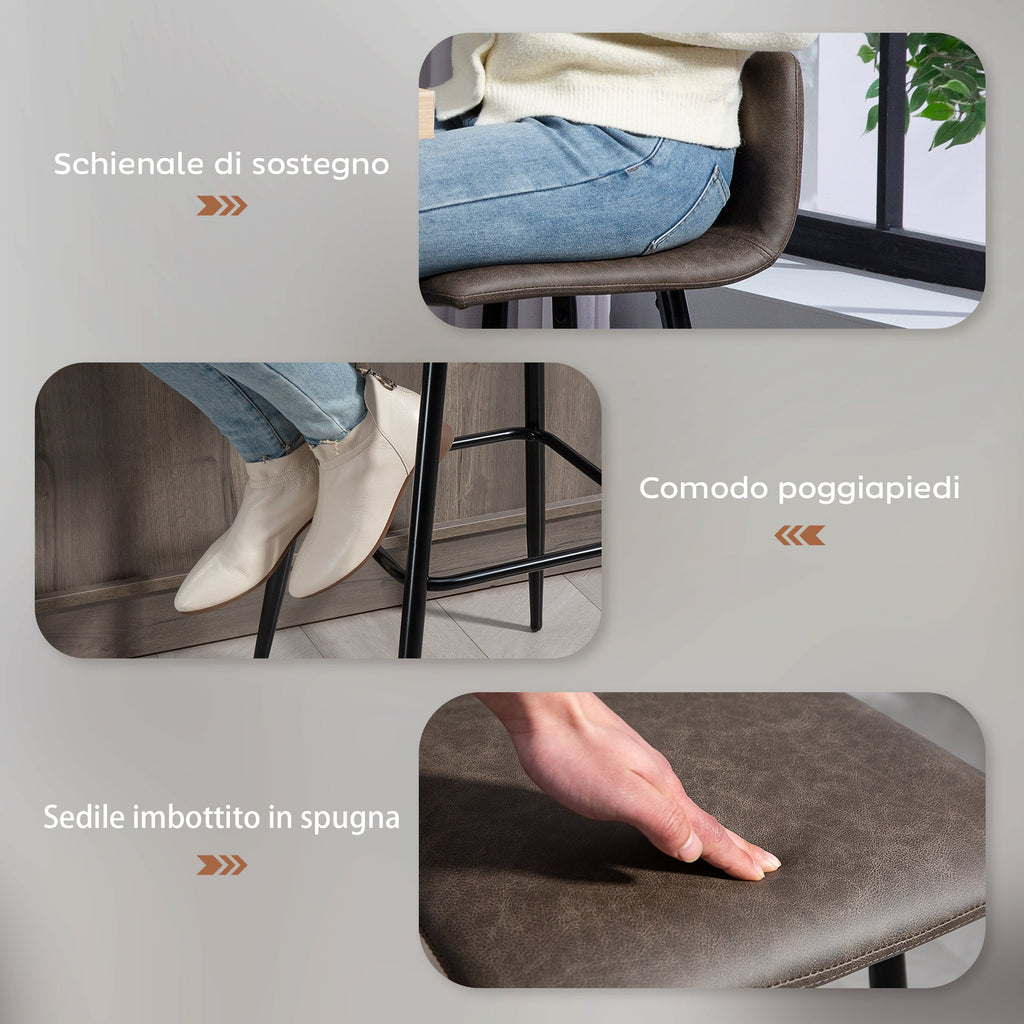 EasyComfort Set 2 Sgabelli Bar with Schienale Basso e Poggiapiedi, Rivestimento in PU e Gambe in Acciaio, Marrone Scuro