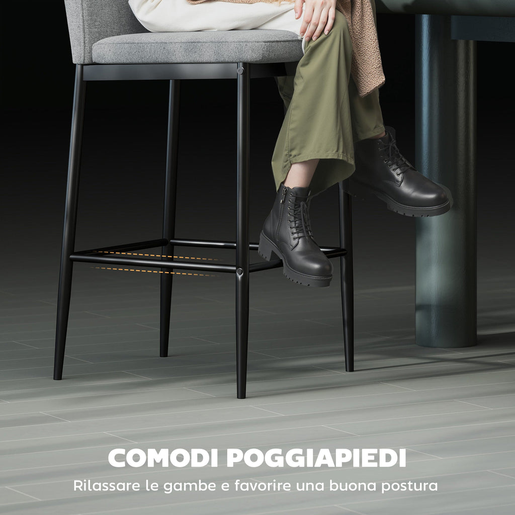 EasyComfort Set 2 Sgabelli Bar in Velluto Moderni with Poggiapiedi e Schienale, 41x52x97 cm, Grigio