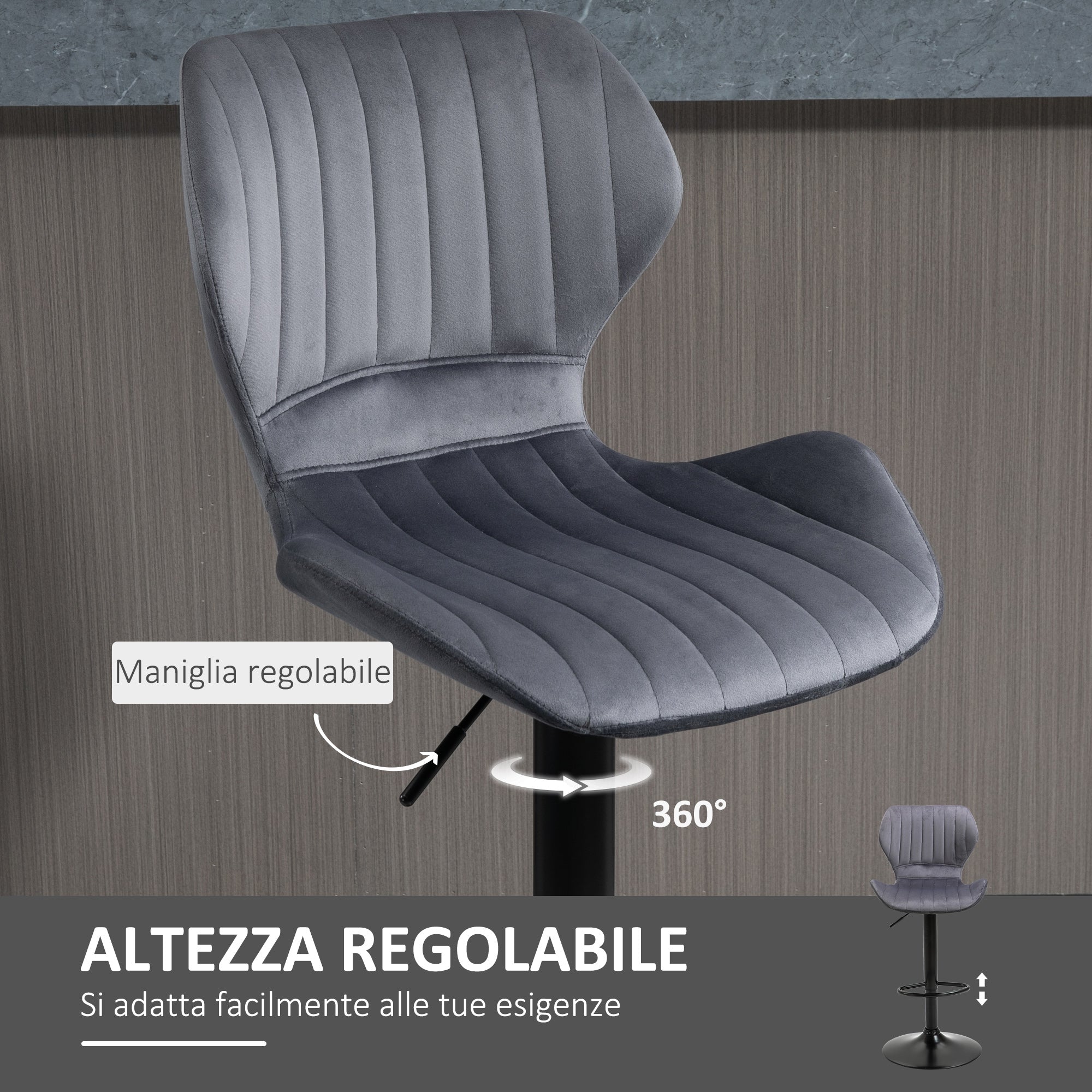 Easycomfort Set 2 Sgabelli da Bar ad Altezza Regolabile with Seduta Ergonomica e Poggiapiedi, Sgabelli Alti in Effetto Velluto e Metallo, 47x51.5x92-114 cm, Grigio