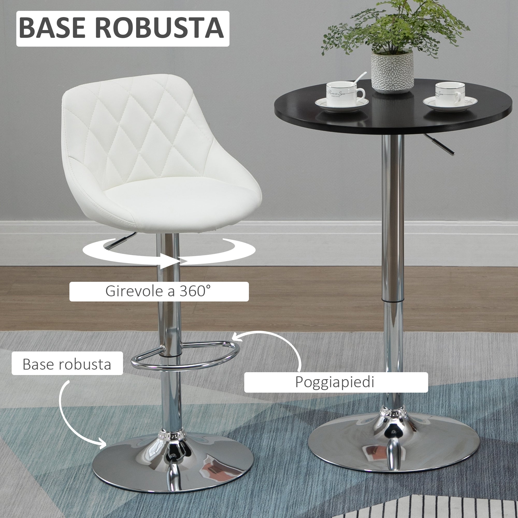 Easycomfort Set 2 Sgabelli da Bar, Altezza Regolabile with Base in Metallo e Seduta in Pelle PU, Sgabelli Moderni with Schienale e Poggiapiedi, 46x48x83-104cm, white