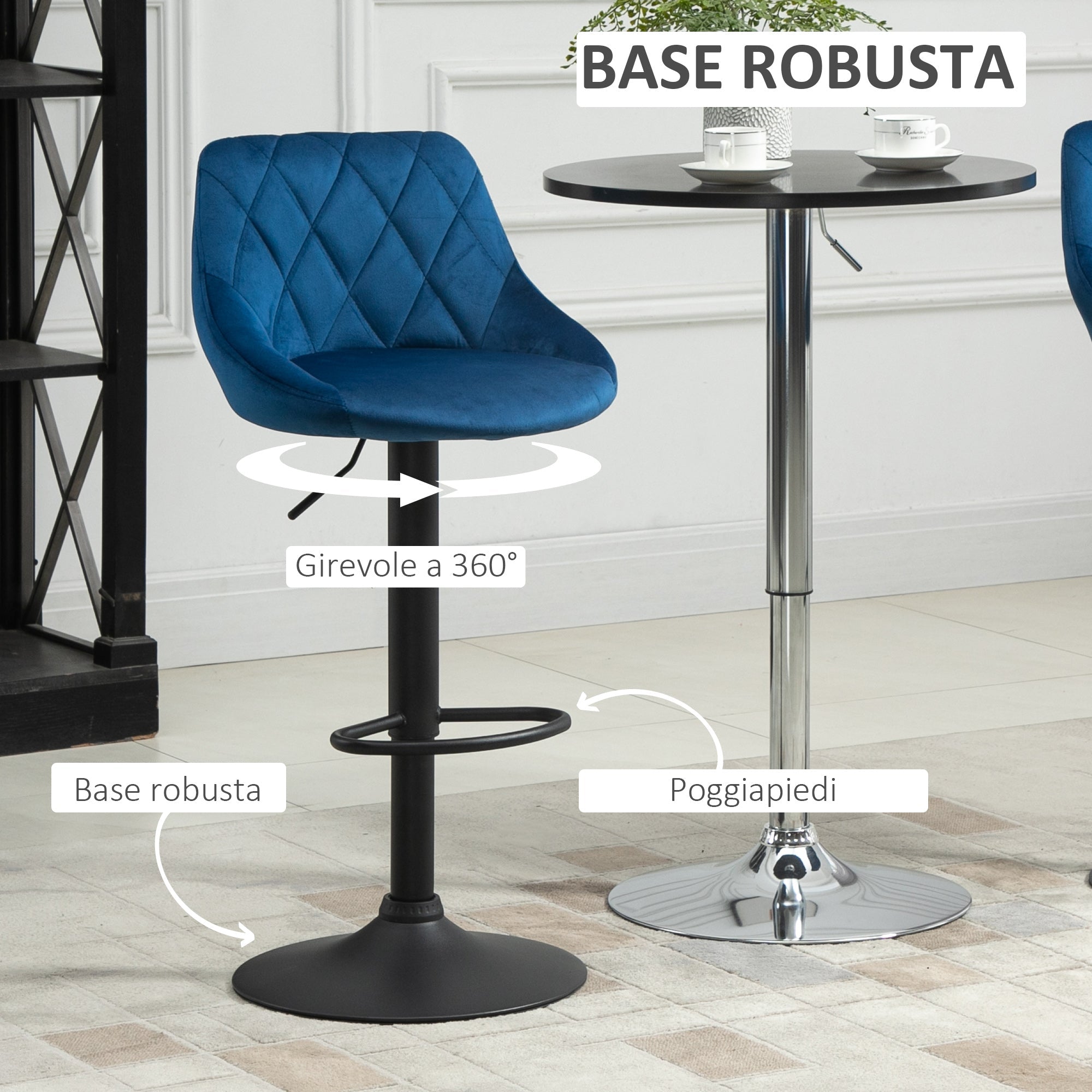EasyComfort Set 2 Sgabelli Alti da Cucina e bar Moderno with Schienale e Poggiapiedi, Seduta girevole e regolabile, 46x48x83-104cm, Blu