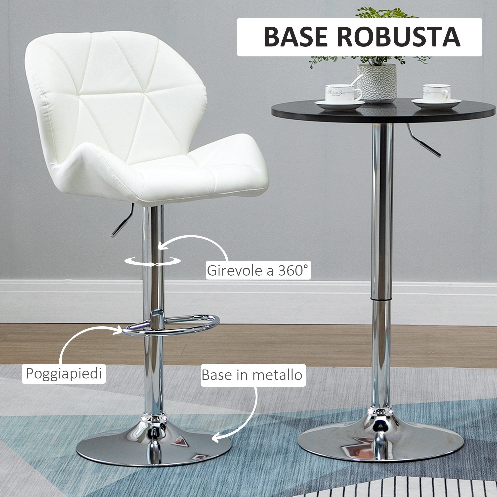 EasyComfort Set 2 Sgabelli Alti da Bar Moderno Girevoli with Altezza Regolabile, Sedia with Rivestimento Similpelle e Base Rotonda, white