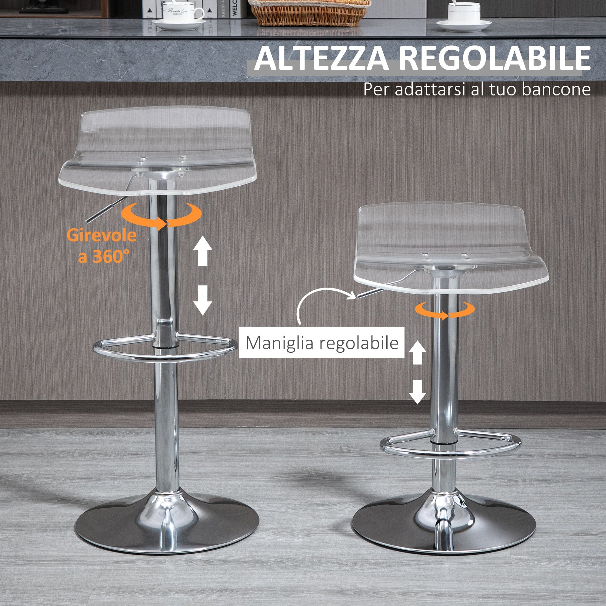 EasyComfort Sgabelli Alti da Bar Moderno barkruk set van 2, verstelbaar, transparant