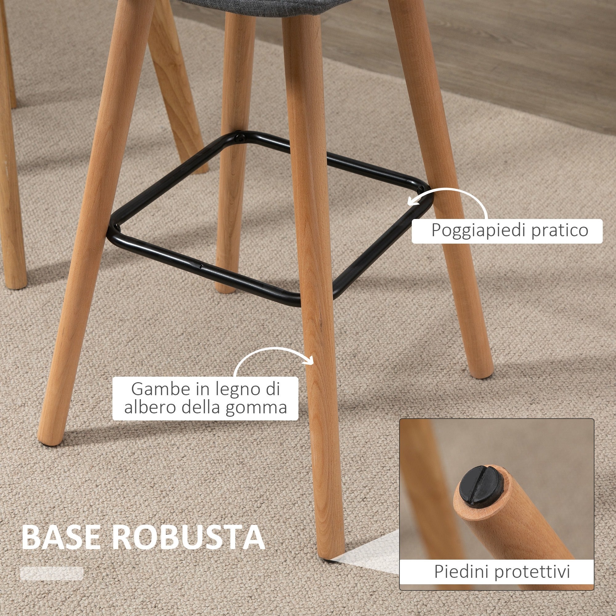 EasyComfort Set 2 Sgabelli Alti da Bar Moderno with Schienale e Poggiapiedi, Seduta Imbottita in Tessuto e Gambe in Legno, Grigio