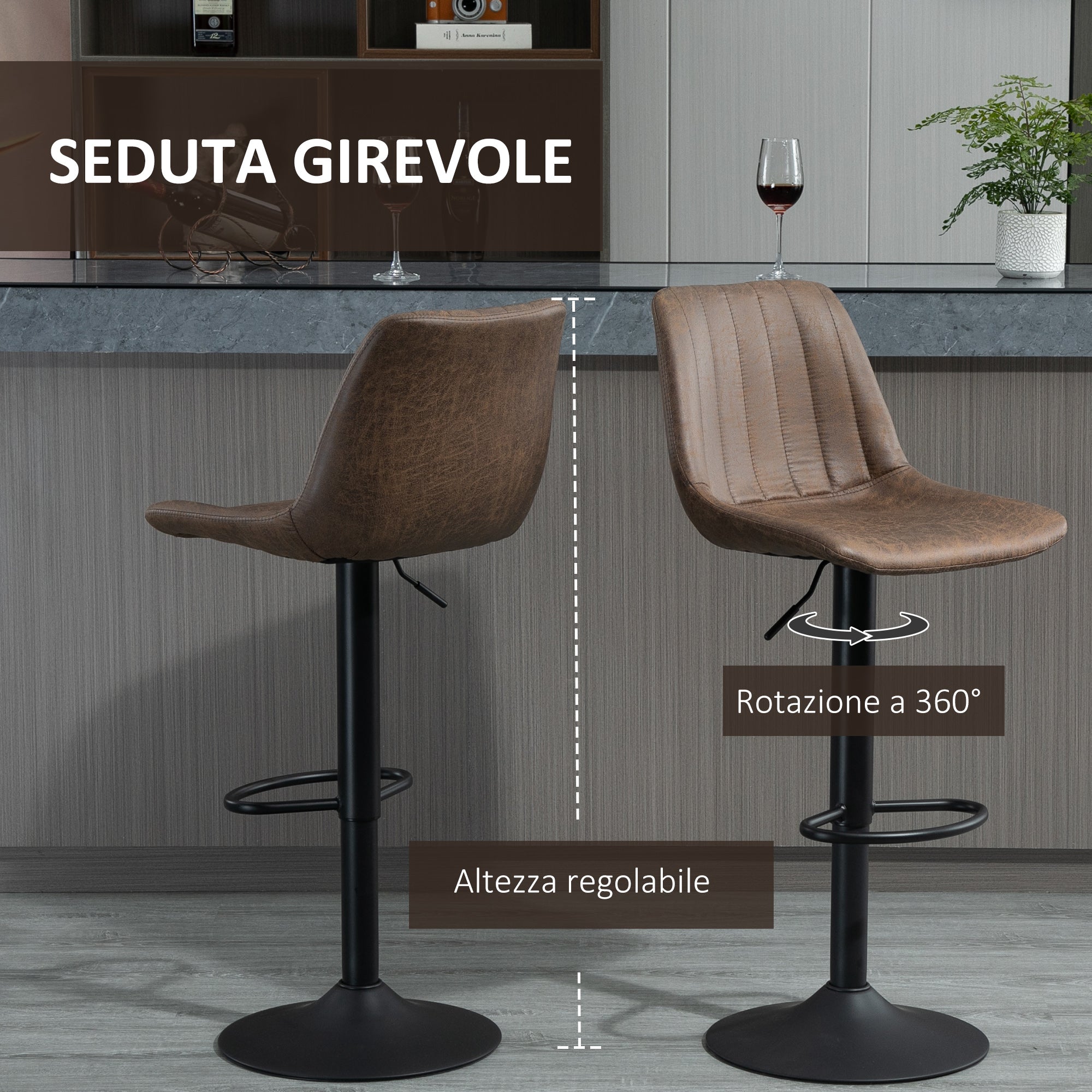 EasyComfort Set 2 Sgabelli Alti da Bar in Stile Industriale with Schienale, Poggiapiedi e Altezza Regolabile, Sedia in Microfibra, Marrone