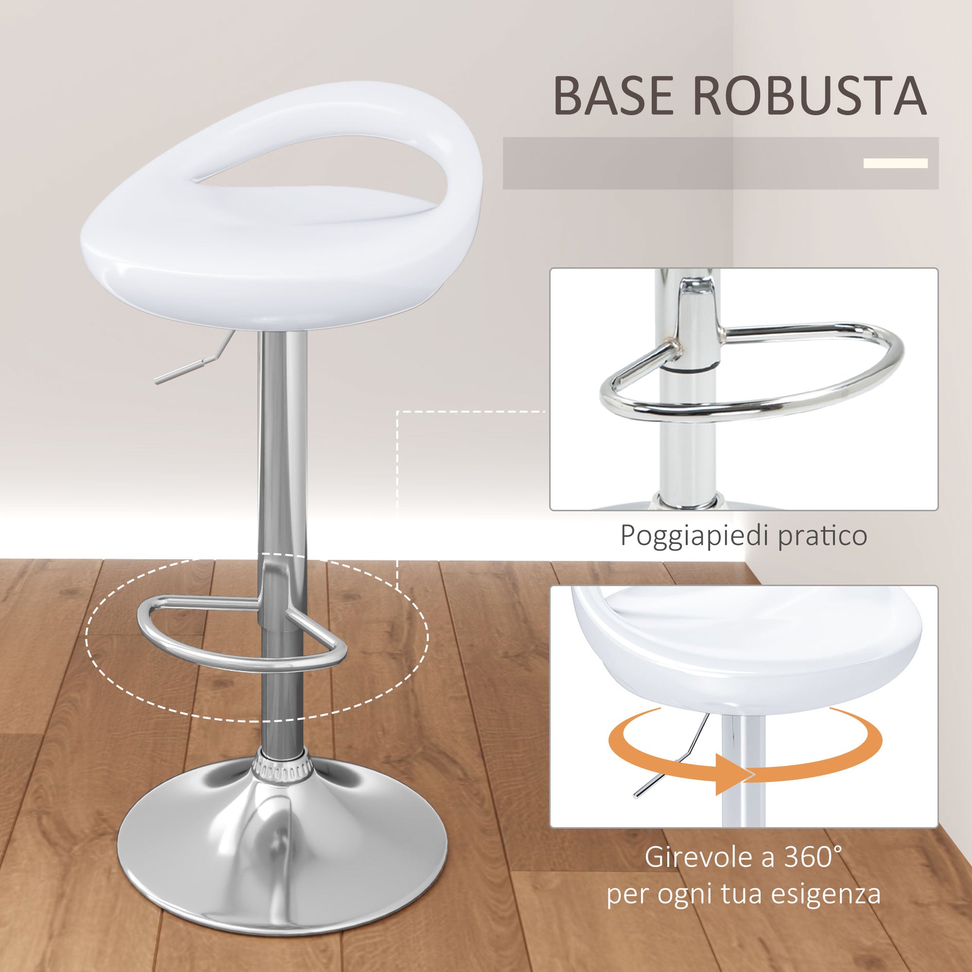 EasyComfort Set di 2 Sgabelli Alti Moderno da Bar Girevoli with Poggiapiedi, Seduta Regolabile in Acciaio, Struttura in metallo, white