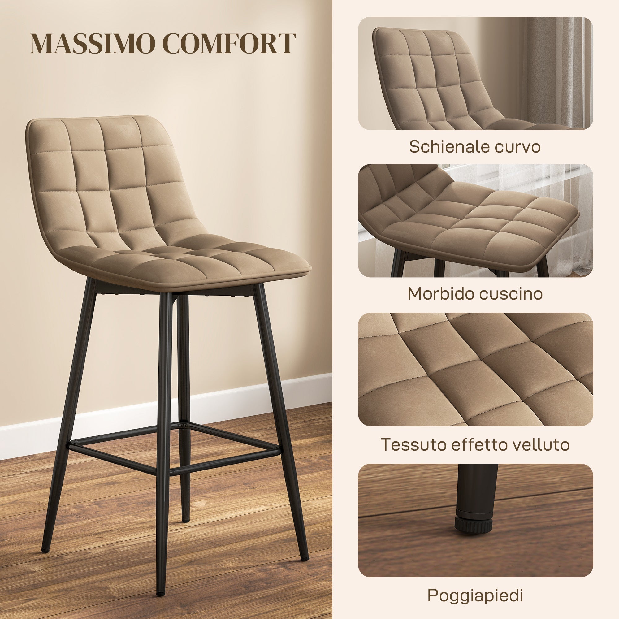 EasyComfort Set van 2 barkrukken met rugleuning, bruin