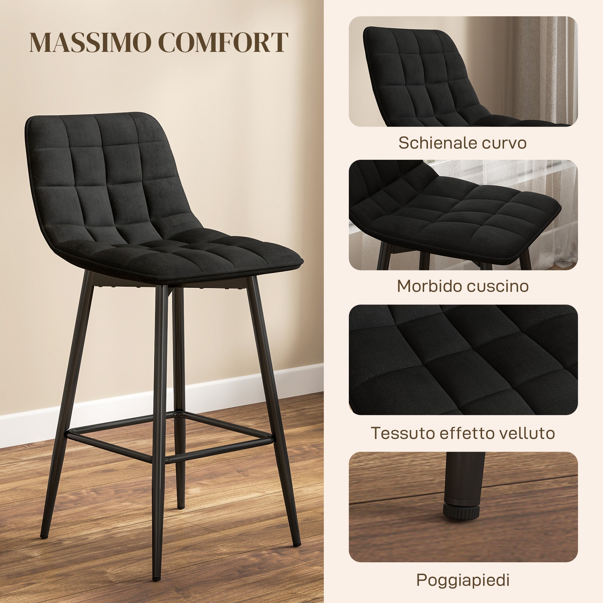 EasyComfort Set 2 barkrukken fluweellook 45x47x84 cm zwart