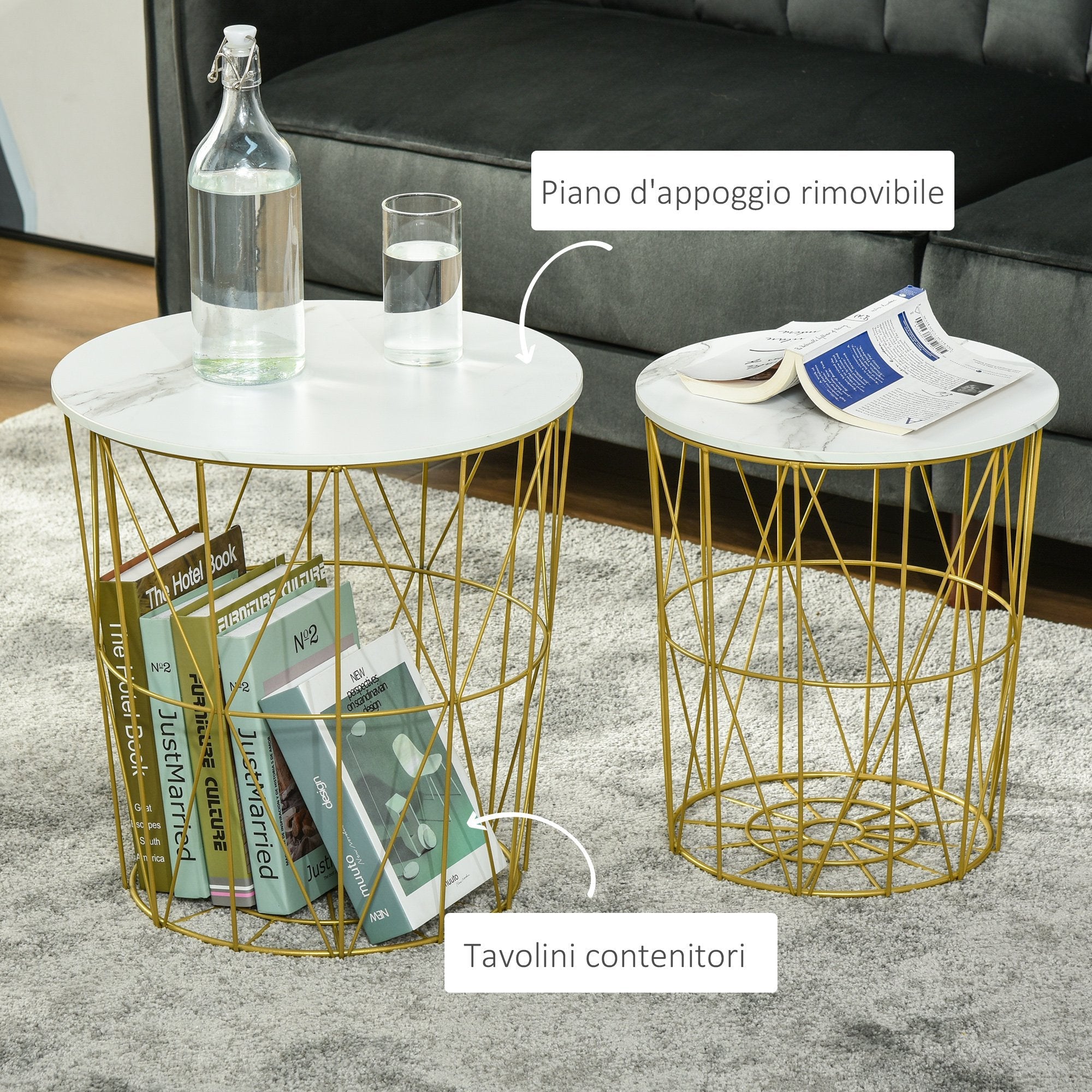 Easycomfort Set 2 Tavolini da Salotto Moderni Impilabili with Ripiano Rimovibile, Tavolino da Caffè with Contenitore per Soggiorno e Camera, white Oro