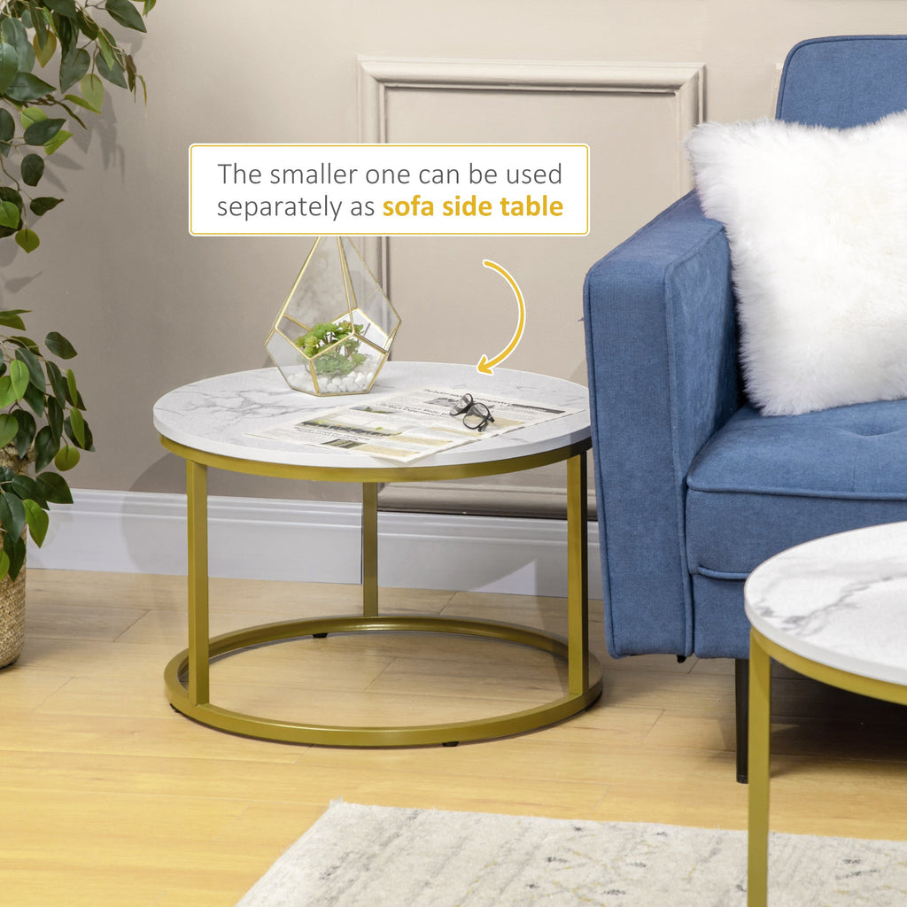 EasyComfort Set 2 Opstapelbare Ronde Bijzettafels Ø74x46.3 cm & Ø59x38.5 cm, wit en goud