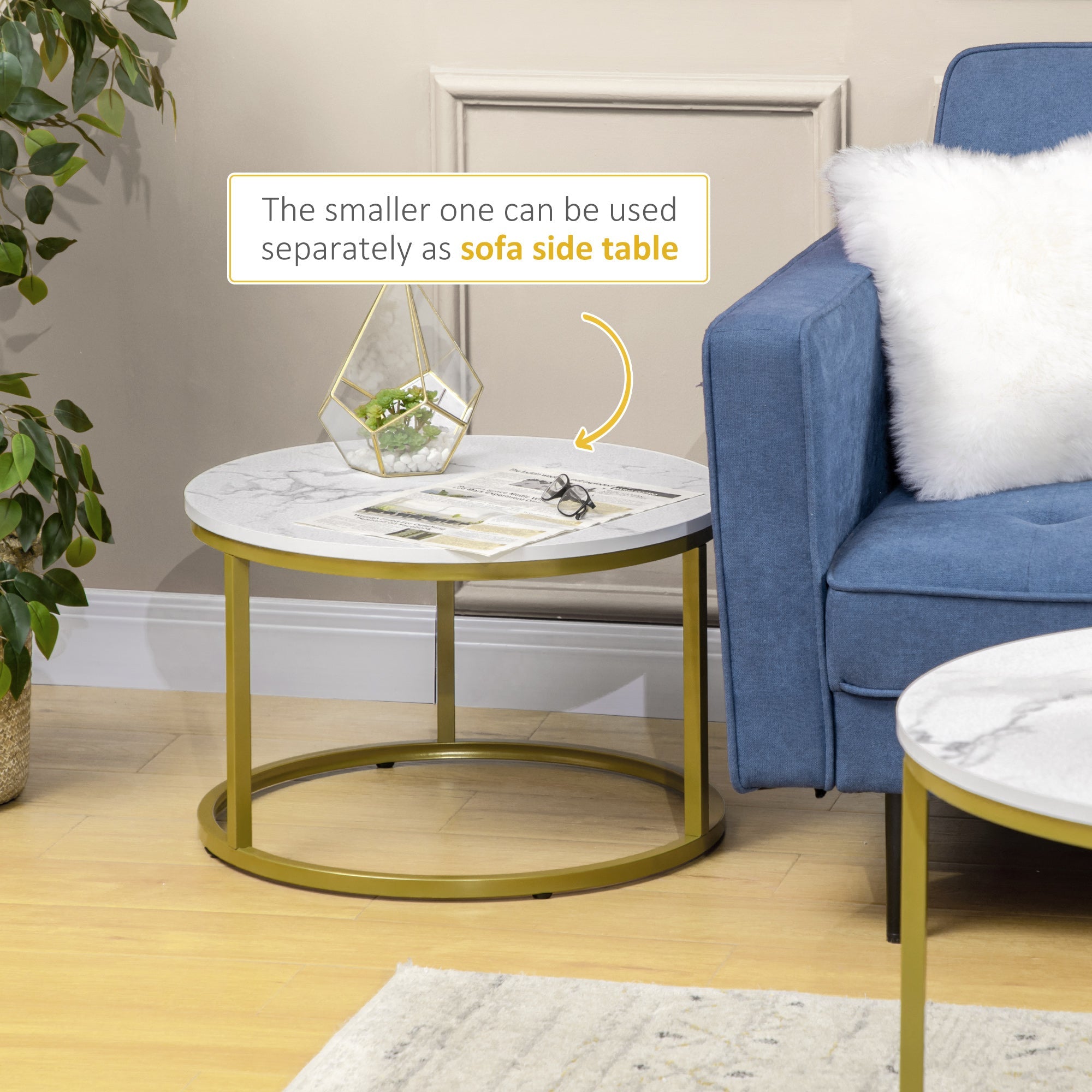 EasyComfort Set 2 Opstapelbare Ronde Bijzettafels Ø74x46.3 cm & Ø59x38.5 cm, wit en goud