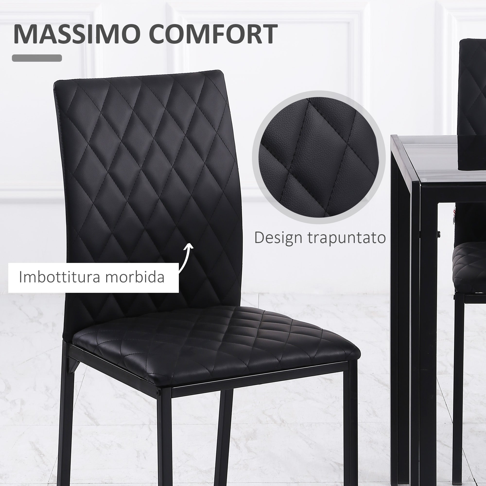EasyComfort Set 4 Sedie per Cucina e Soggiorno da Pranzo moderno in Finta Pelle with Cuciture a Rombi e Gambe in Metallo, black