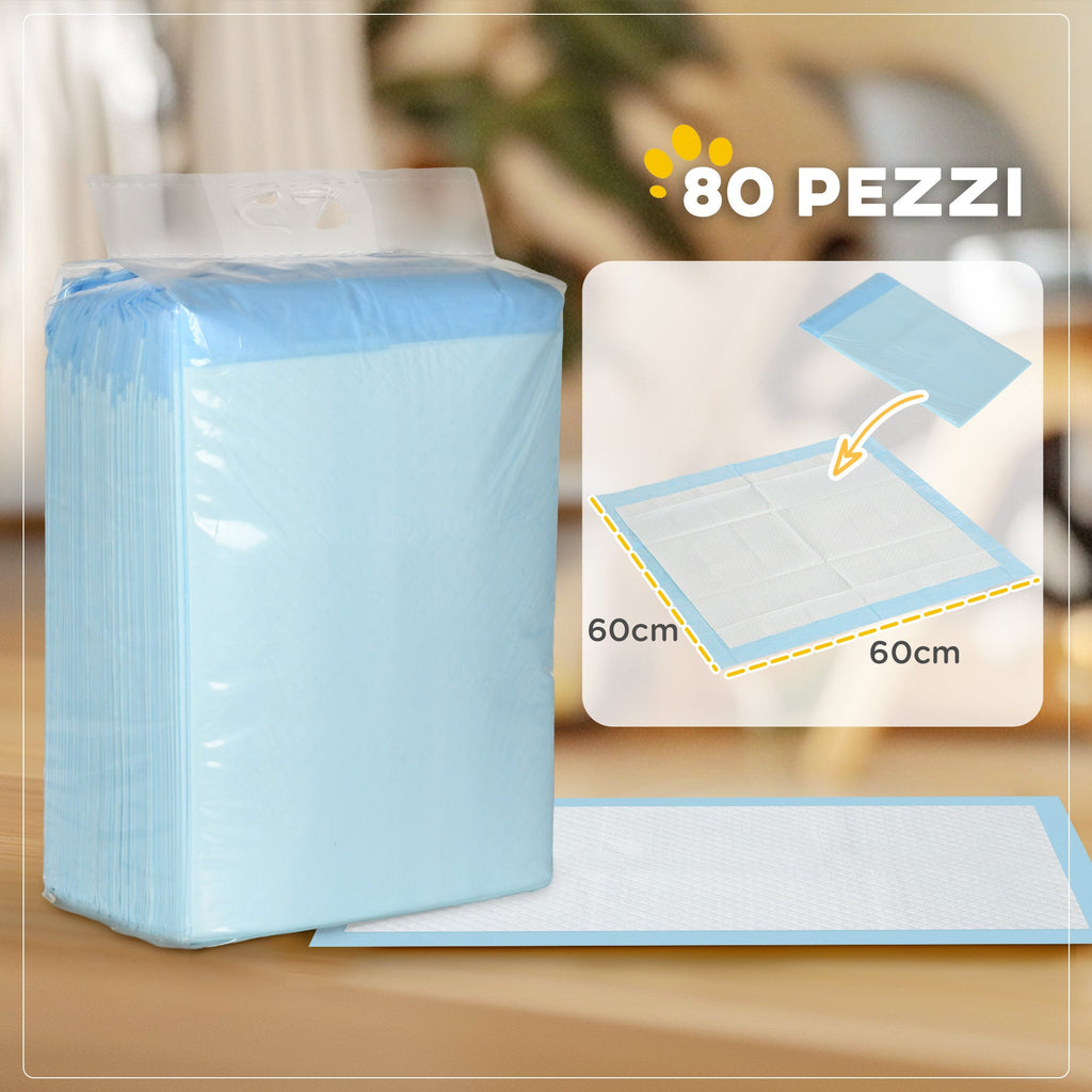 EasyComfort Set 80 Tappetini Igienici per Cani a 6 Strati in Tessuto non Tessuto, Carta e PE, 60x60 cm, Blu e Bianco