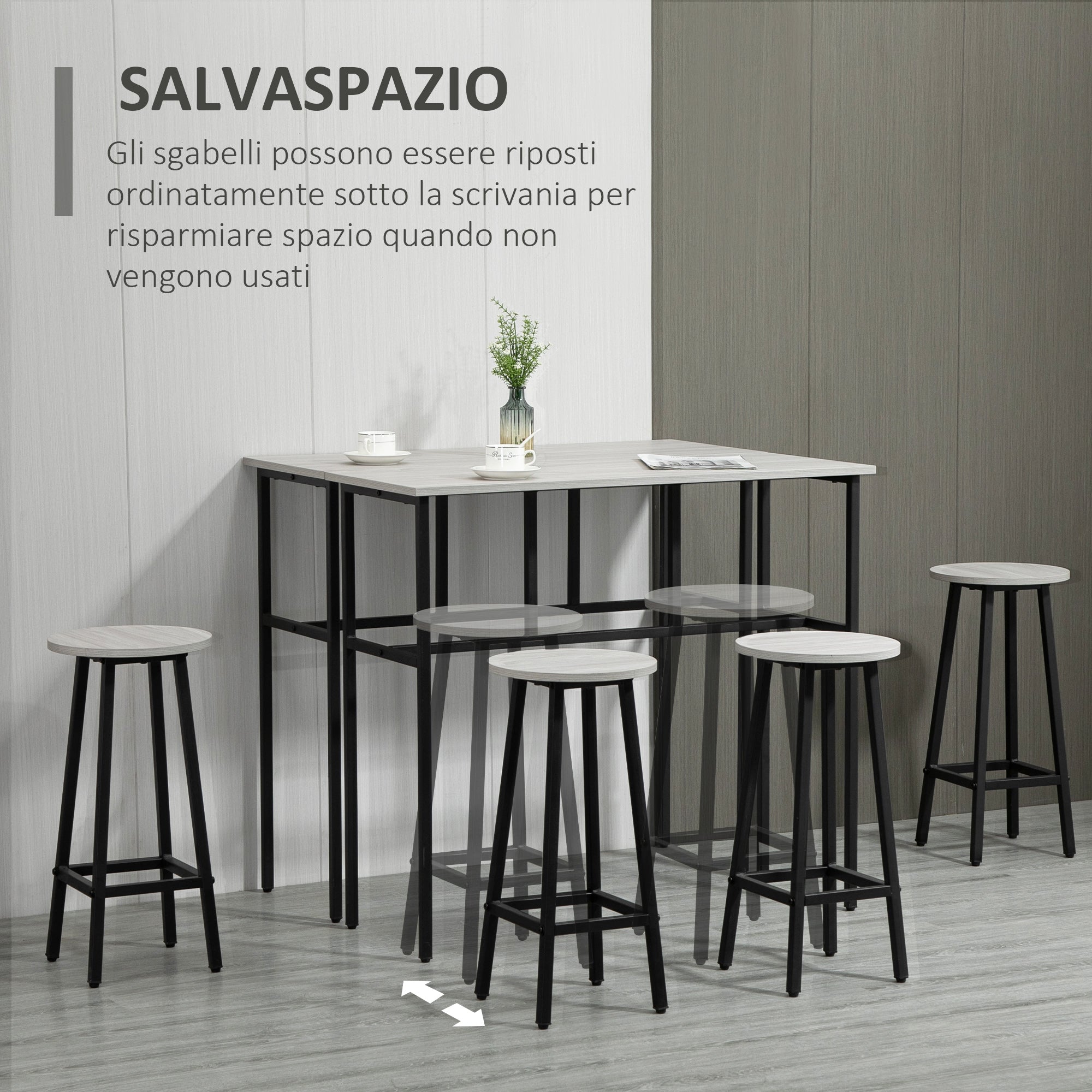 Easycomfort Set da Bar 6 Pezzi with 4 Sgabelli da Bar e 2 Tavoli Alti in Legno Truciolato e Acciaio per Cucina e Soggiorno, Grigio