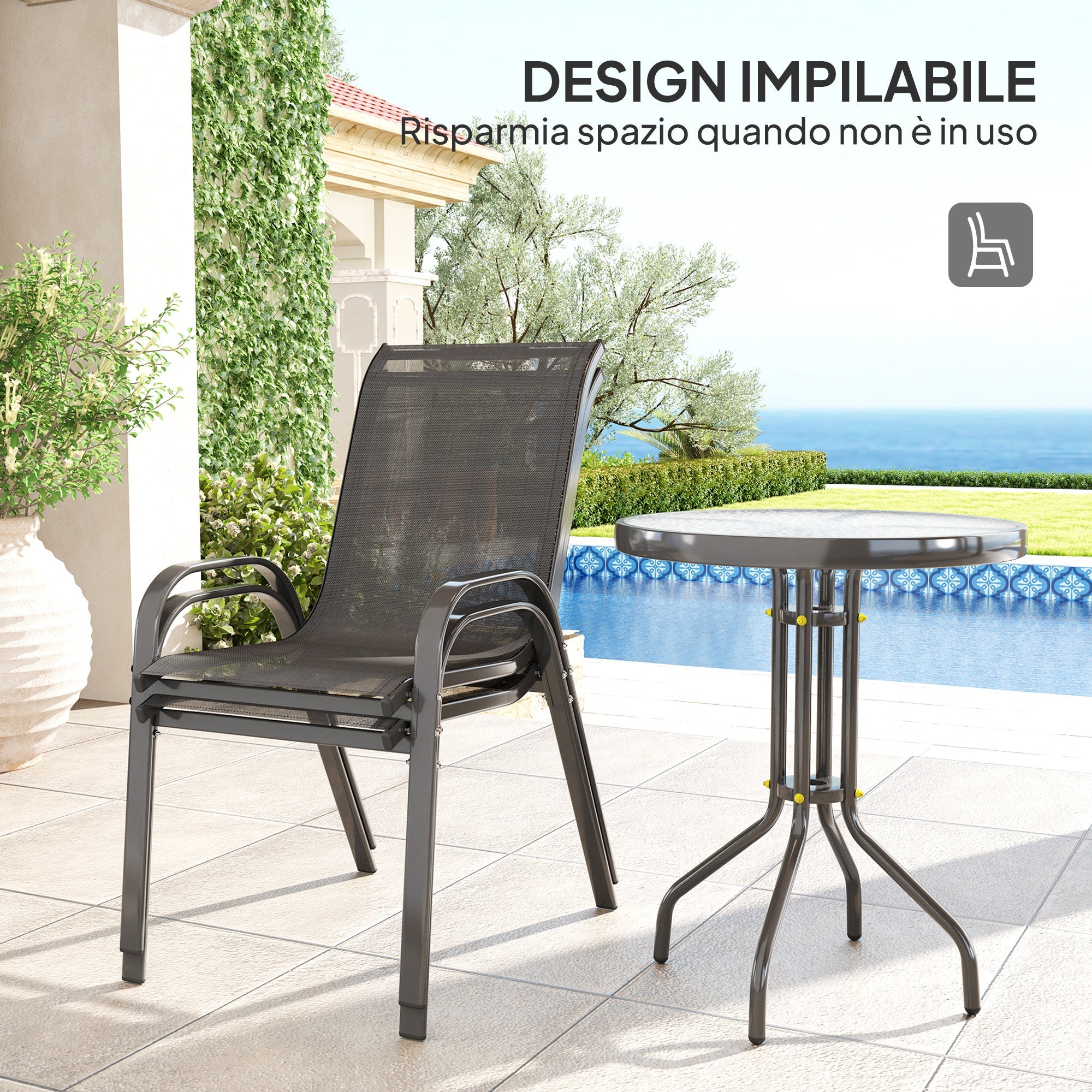 EasyComfort Set da Giardino 3 Pezzi with 2 Sedie da Giardino 54x71x93 cm e Tavolino Rotondo Ø60x71 cm in Acciaio black