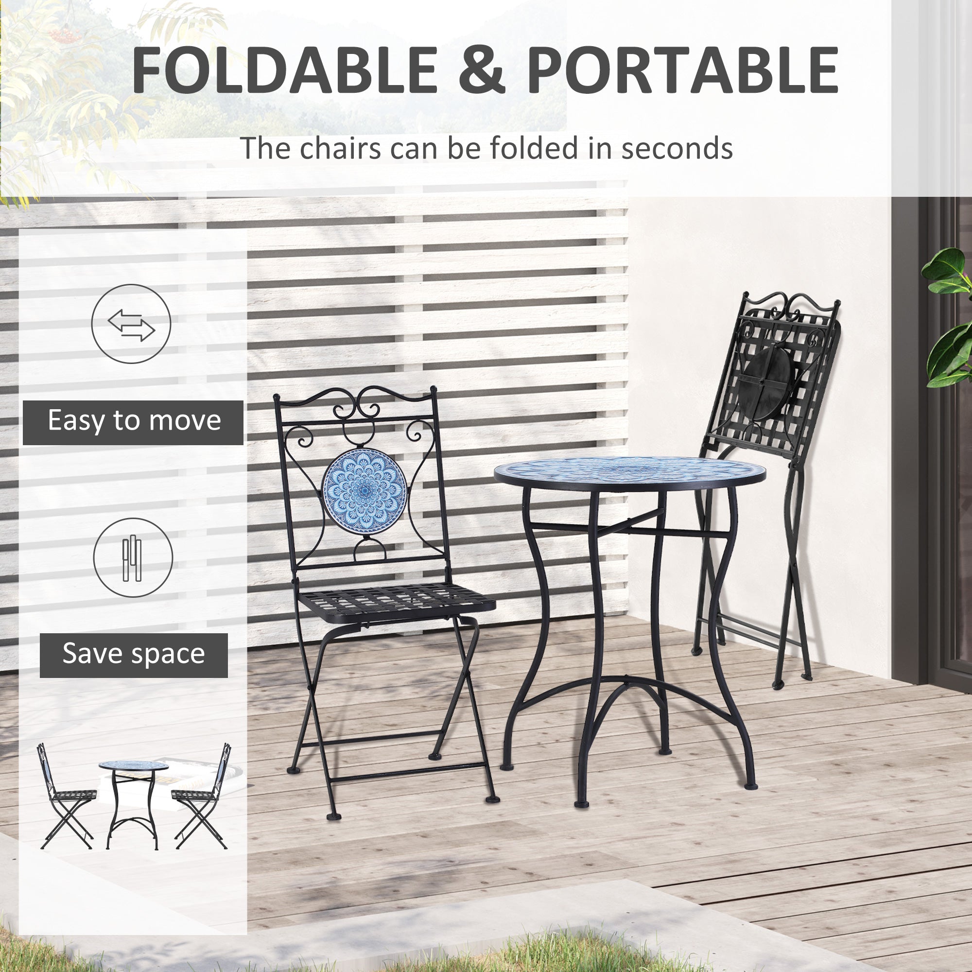 EasyComfort 3-delige tuinset – bijzettafel + 2 opvouwbare stoelen, blauw