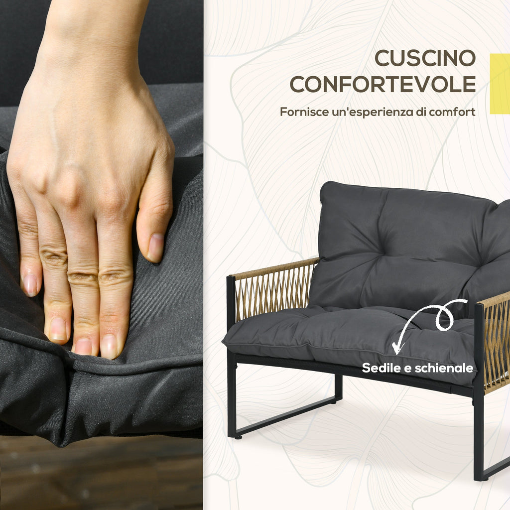 EasyComfort 4-delig PE-rattan tuinset – twee-zitsbank, 2 stoelen en salontafel, grijs/bruin