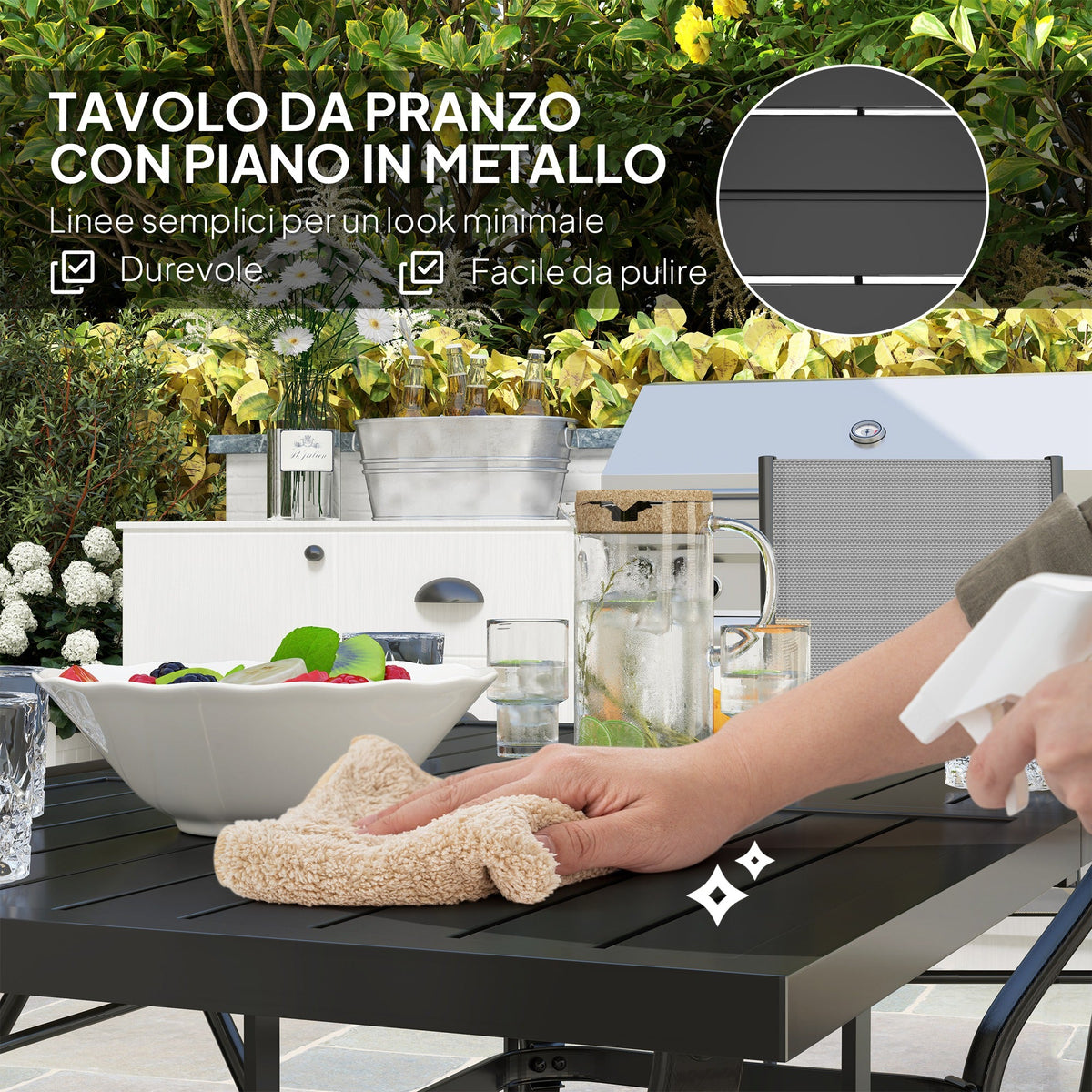 EasyComfort 7-delige tuinset – tafel met parasolgat en 6 inklapbare stoelen, grijs
