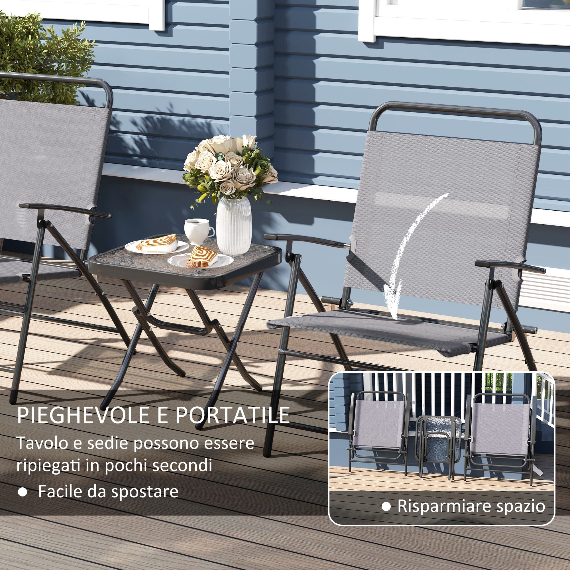 EasyComfort Set da Giardino with Tavolo with Piano in Vetro e 2 Sedie Pieghevoli with Schienale Regolabile, Grigio