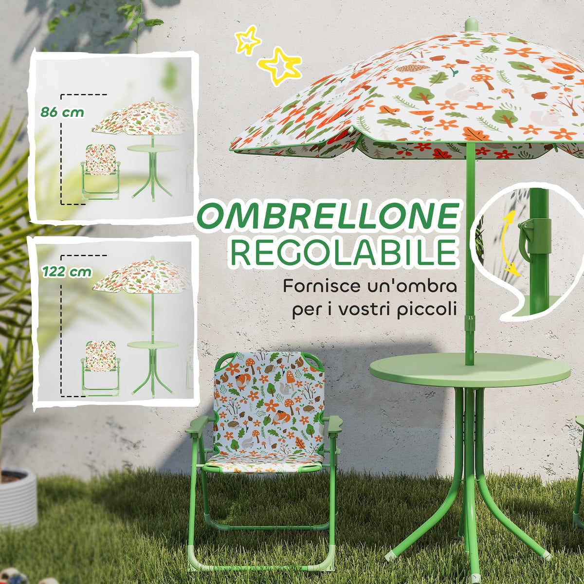 EasyComfort tuinset kinderen 2–5 jaar, ronde tafel, 2 inklapbare stoelen & parasol, groen