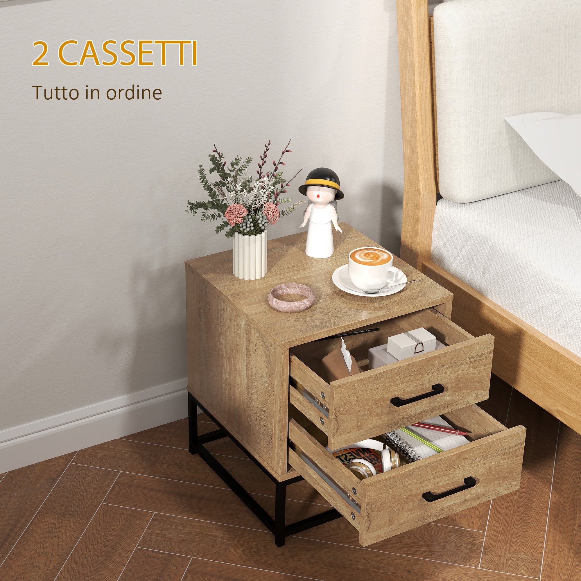 EasyComfort Set van 2 nachtkastjes met 2 lades, industrieel houtlook