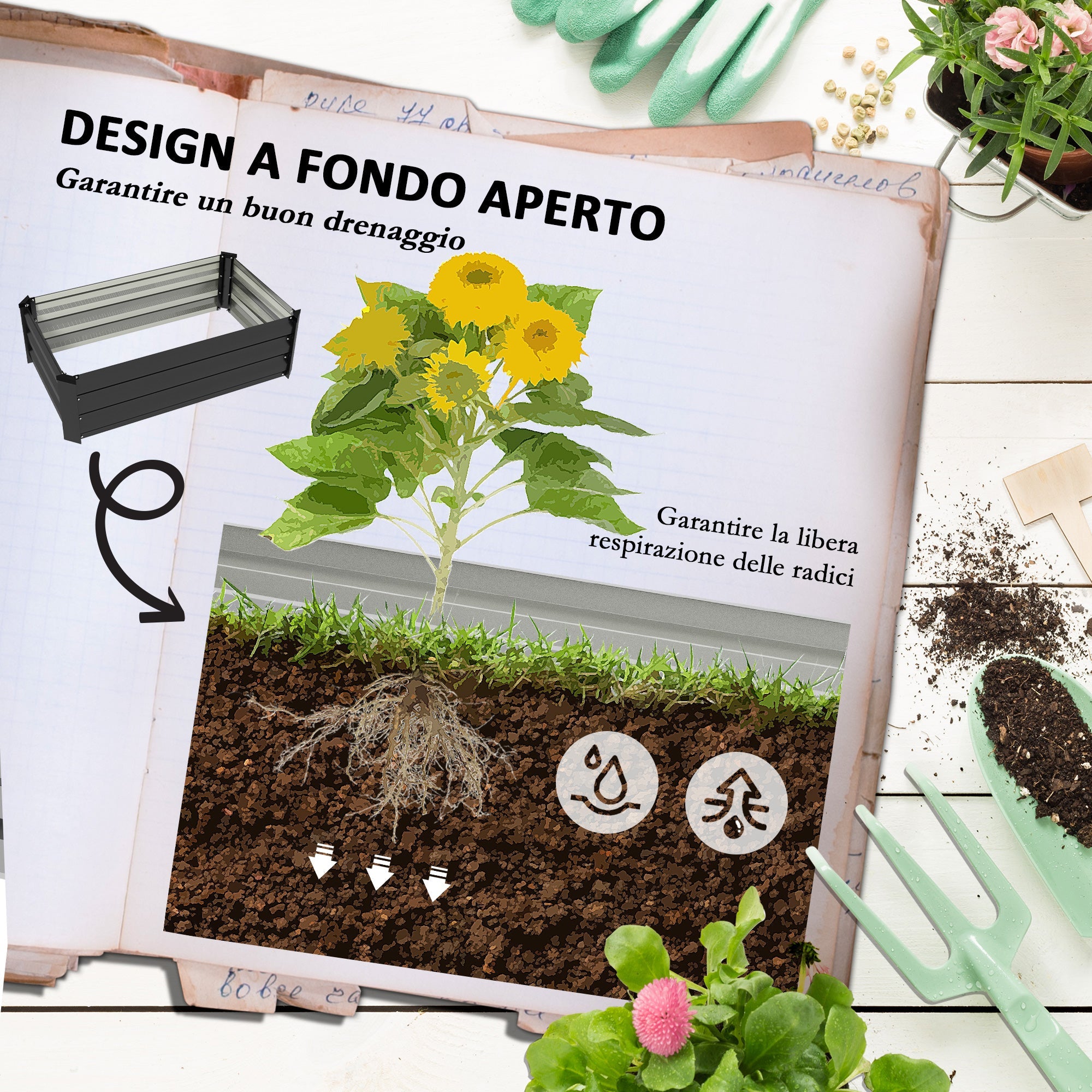 EasyComfort Set di 2 Letti per Orto Rialzato with Fondo Aperto in Acciaio Galvanizzato, 100x60x30cm, Grigio