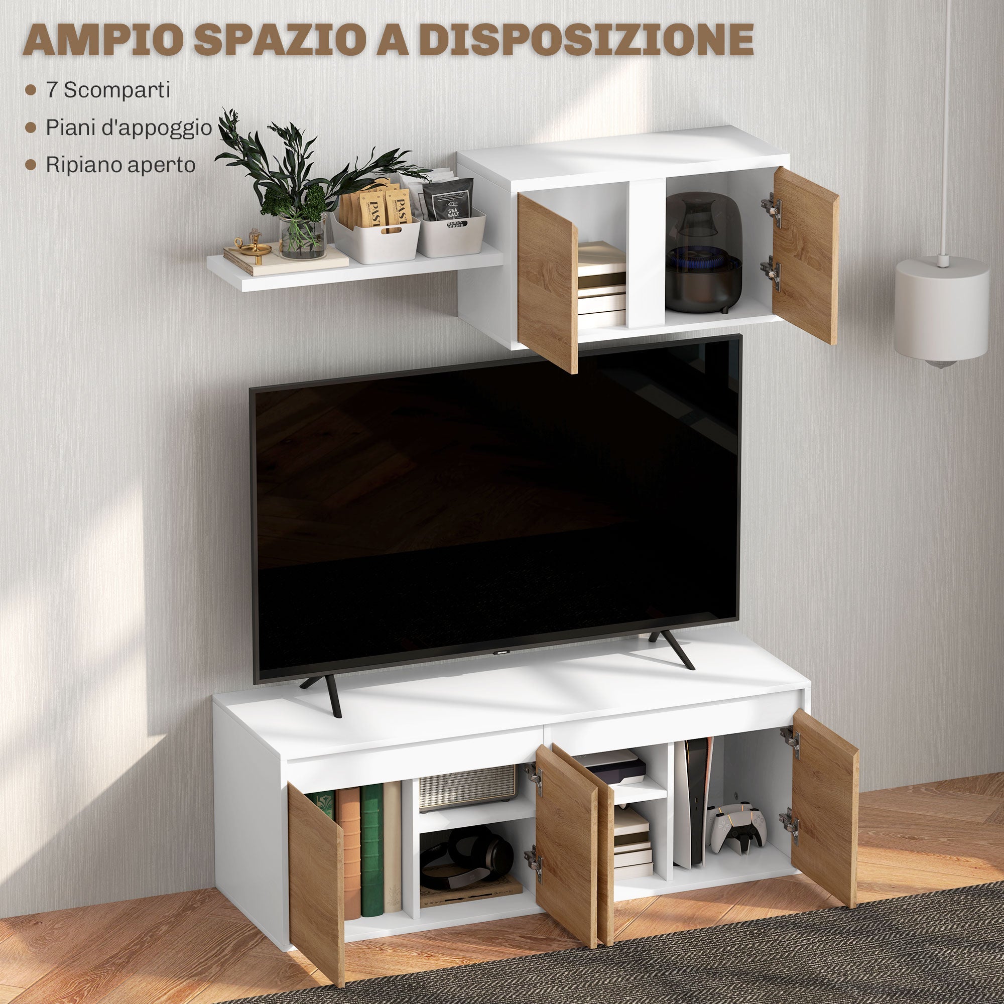 EasyComfort set TV-meubel en wandkast 120x41x43.3 cm, wit/hout