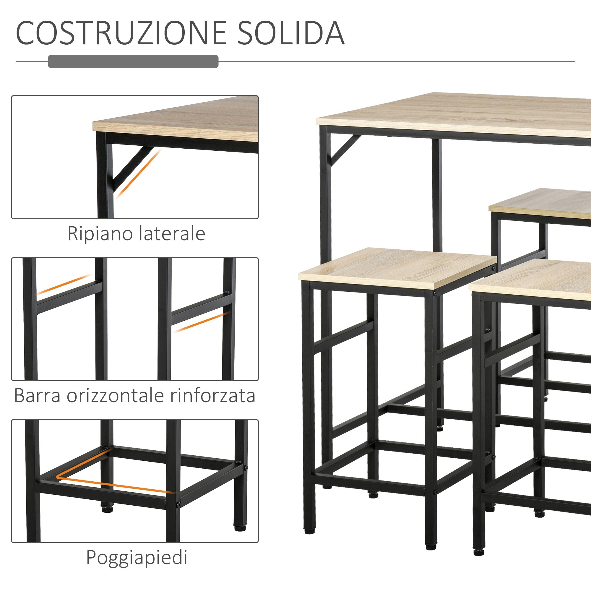 Easycomfort Set Tavolo Alto with 4 Sgabelli Stile Industriale in Metallo e Legno, Rovere Chiaro
