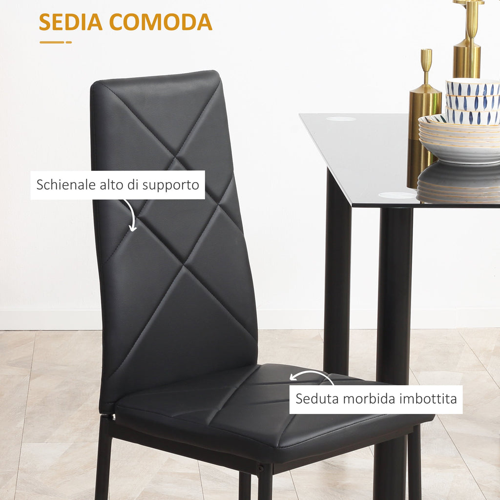 EasyComfort Set Tavolo da Pranzo with 4 Sedie, Piano in Vetro e Sedie Imbottite in Finta Pelle, black