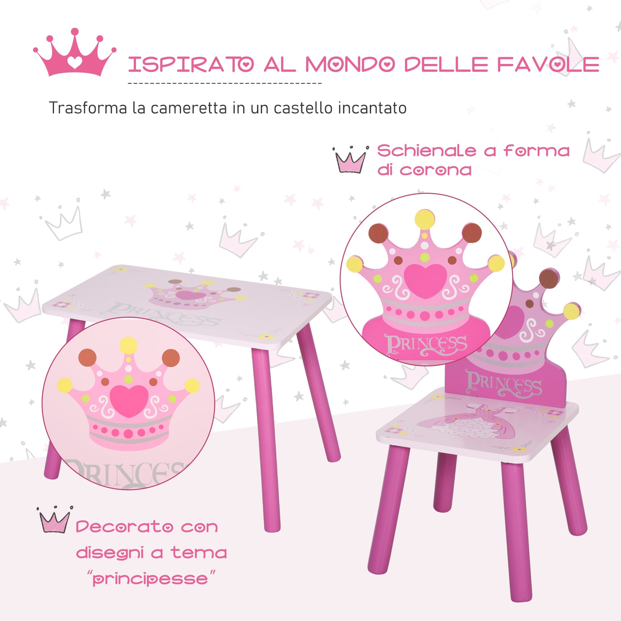 EasyComfort kinderset tafel en 2 stoelen met kroonrugleuning - roze