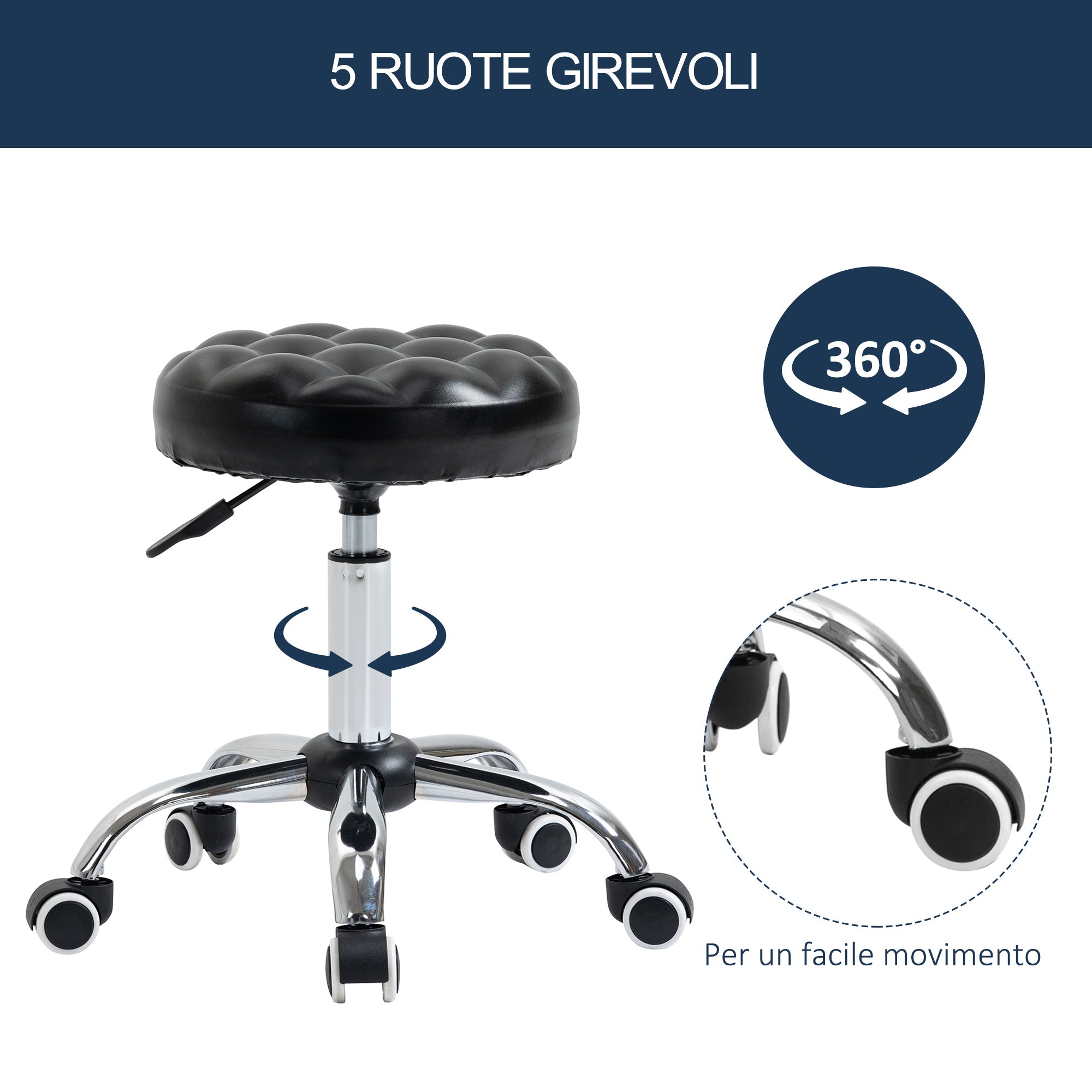 Easycomfort Sgabello ad Altezza Regolabile with 5 Ruote, in Acciaio, Gommapiuma e pelle PU, ?48x47-59Acm