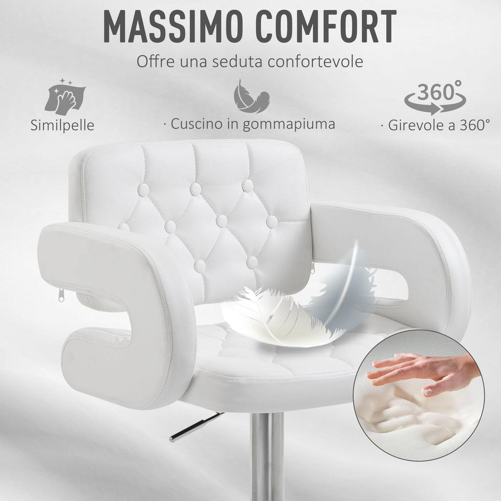 EasyComfort Sgabello Alto Moderno da Bar with Schienale e Braccioli, Regolabile e Girevole, per Cucina o Pub, 64x50x94-114cm, Bianca