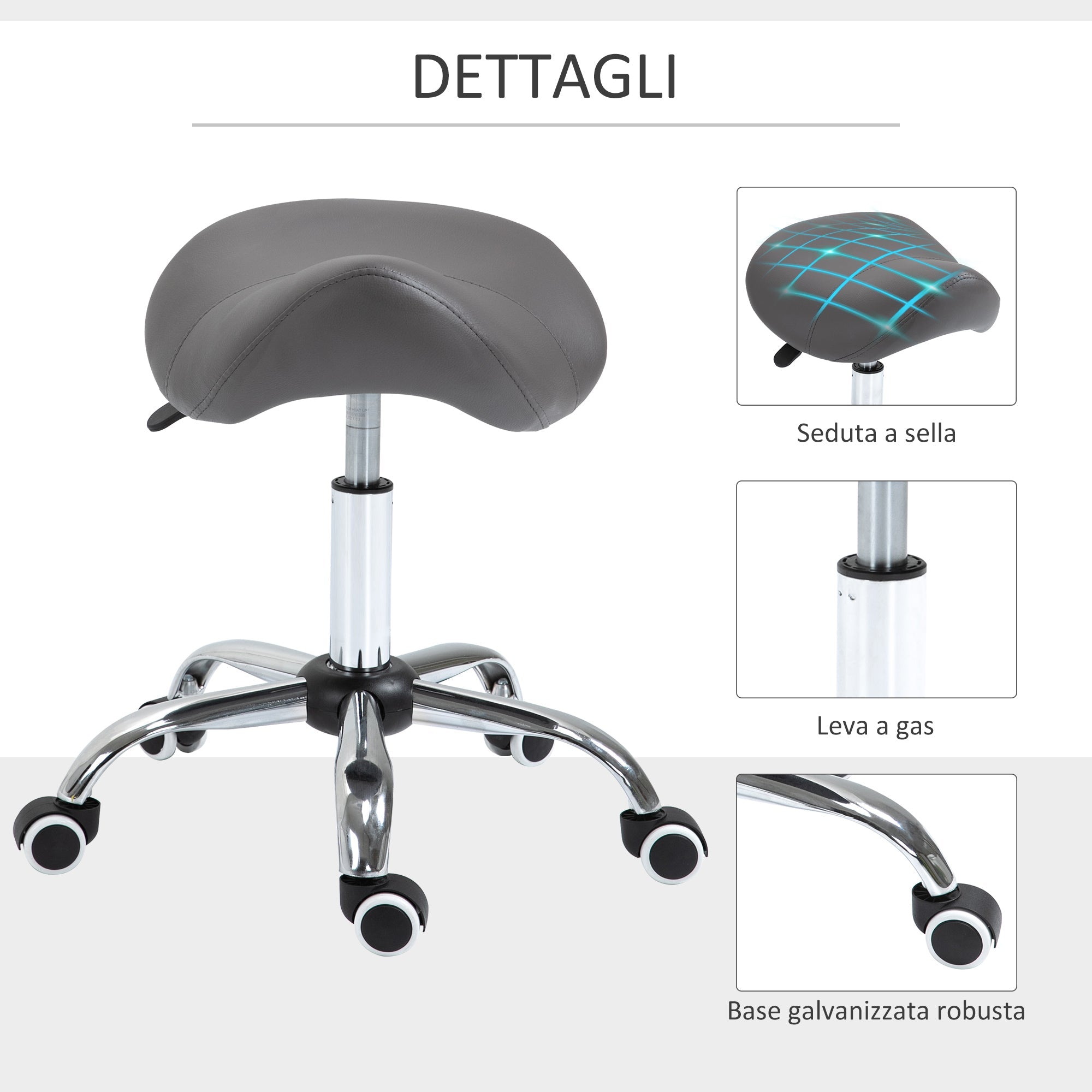 Easycomfort Sgabello da Lavoro a Sella with Ruote e Altezza Regolabile per Negozi Parrucchiere e Tattoo, 52x53x49-61cm Grigio